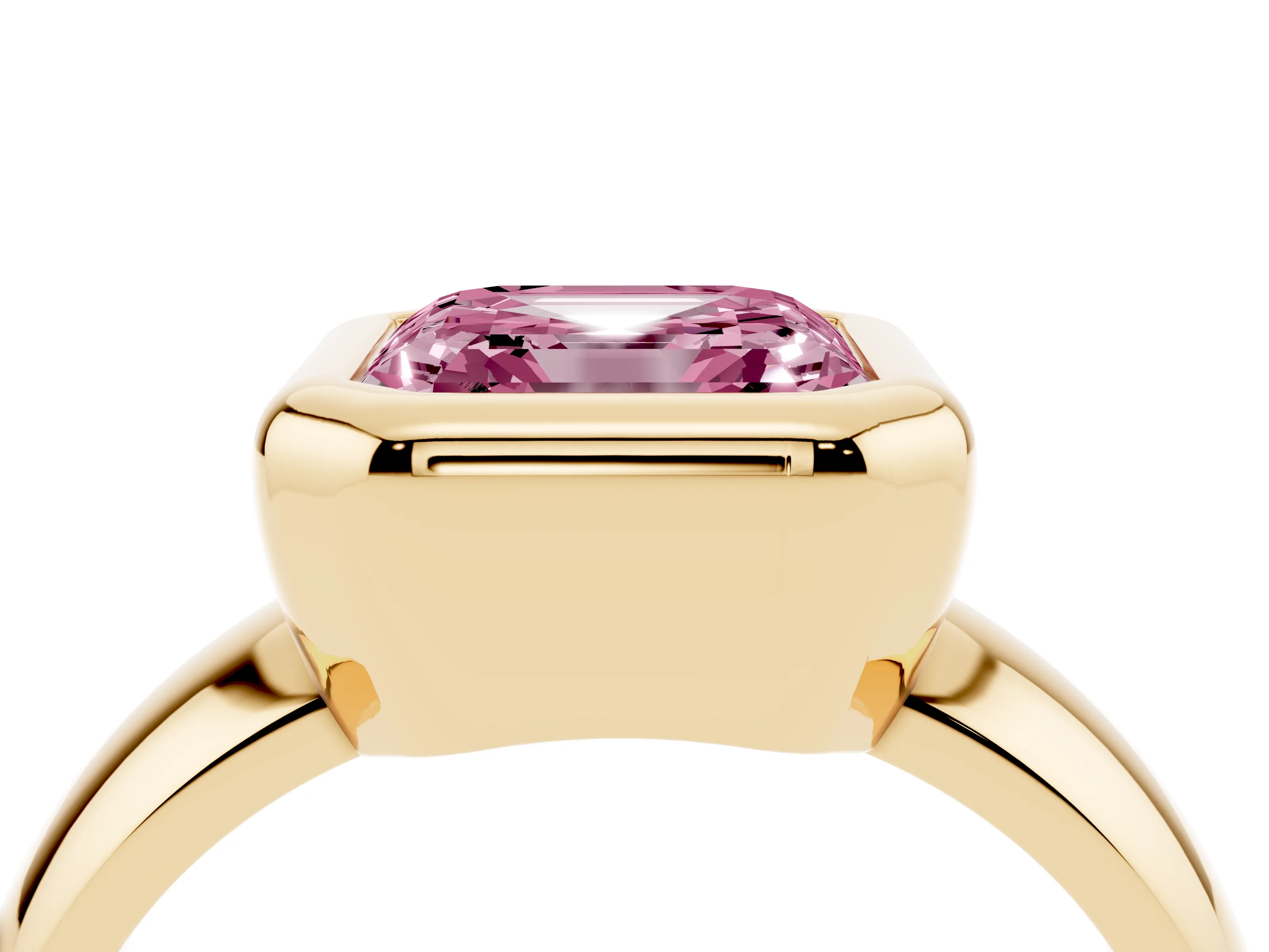 Fancy Pink Bezel Set Asscher Cut Diamond Solitaire Ring Set in Yellow gold with Wide Band