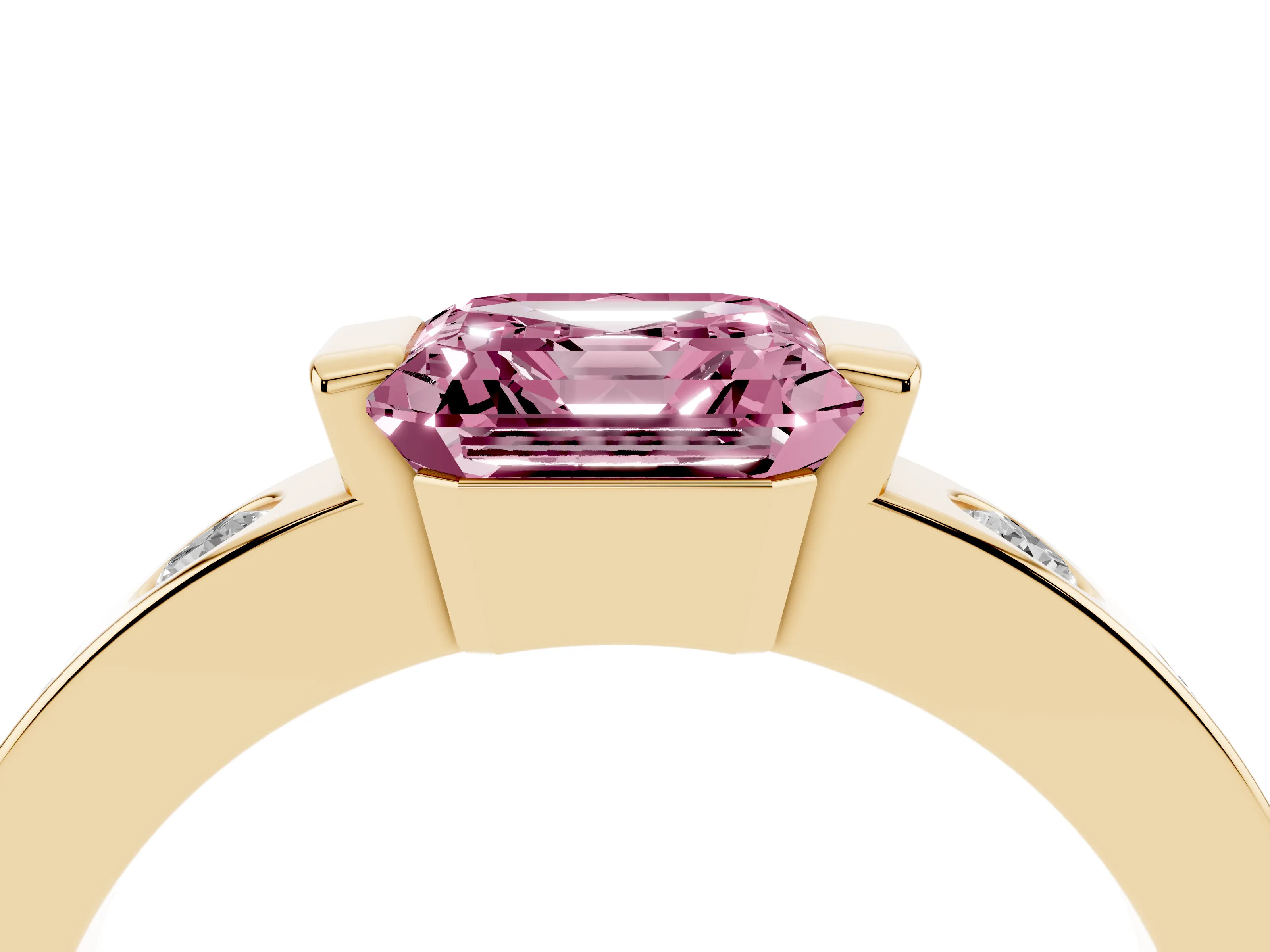 Fancy Pink Asscher Cut Diamond Channel-Set Band Ring Set in Yellow gold with Bezel Prong Setting