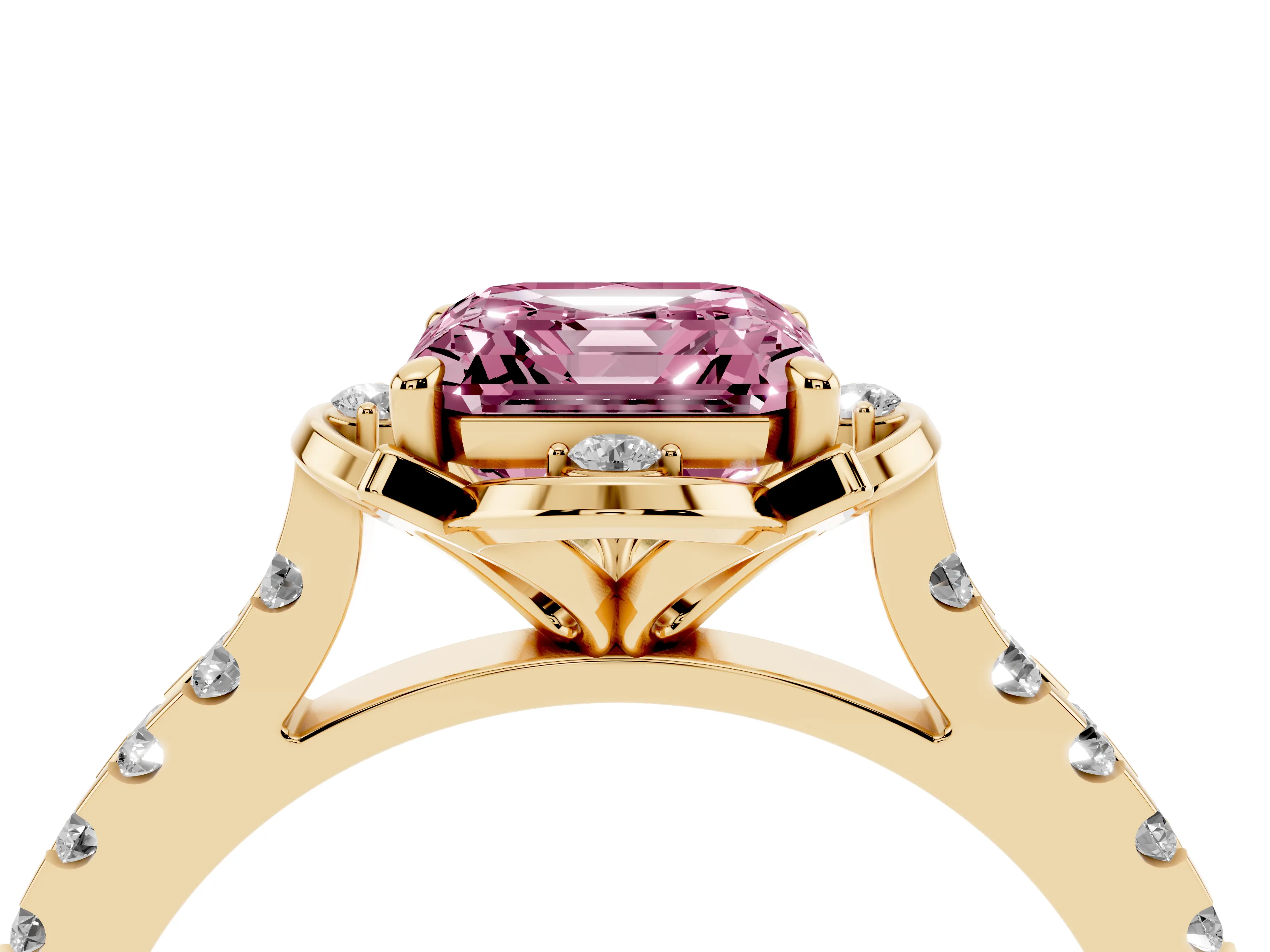 Fancy Pink Asscher Cut Diamond Solitaire Ring Set in Yellow gold with Pavé Band and Floral Prong Setting