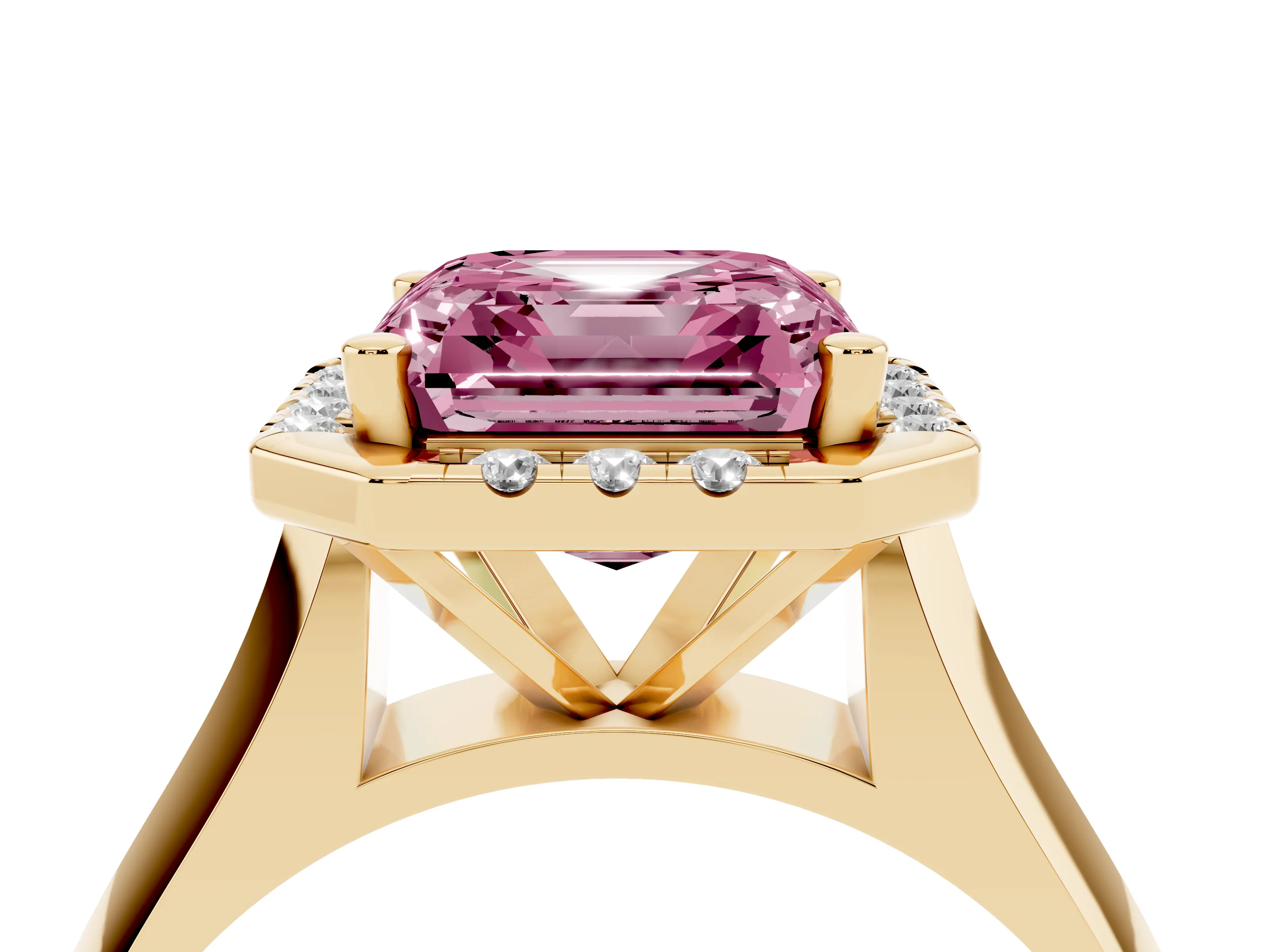 Fancy Pink Asscher Cut Diamond Halo Solitaire Engagement Ring Set in Yellow gold with Square Band and Prong Setting