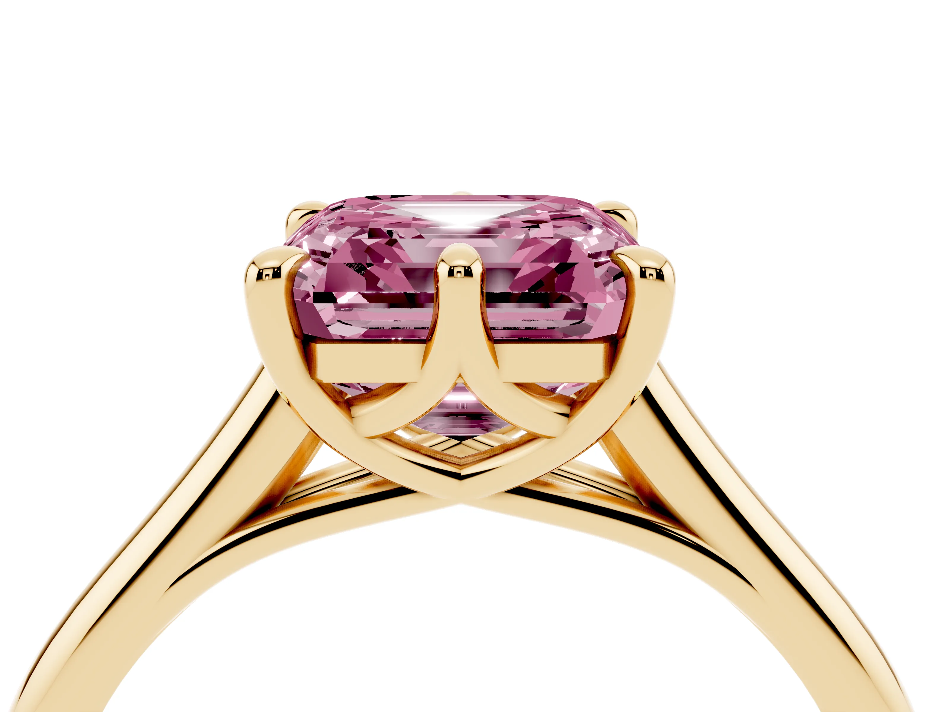 Fancy Pink Asscher Cut Diamond Solitaire Engagement Ring Set in Yellow gold with Prong Setting and Plain Classic Band
