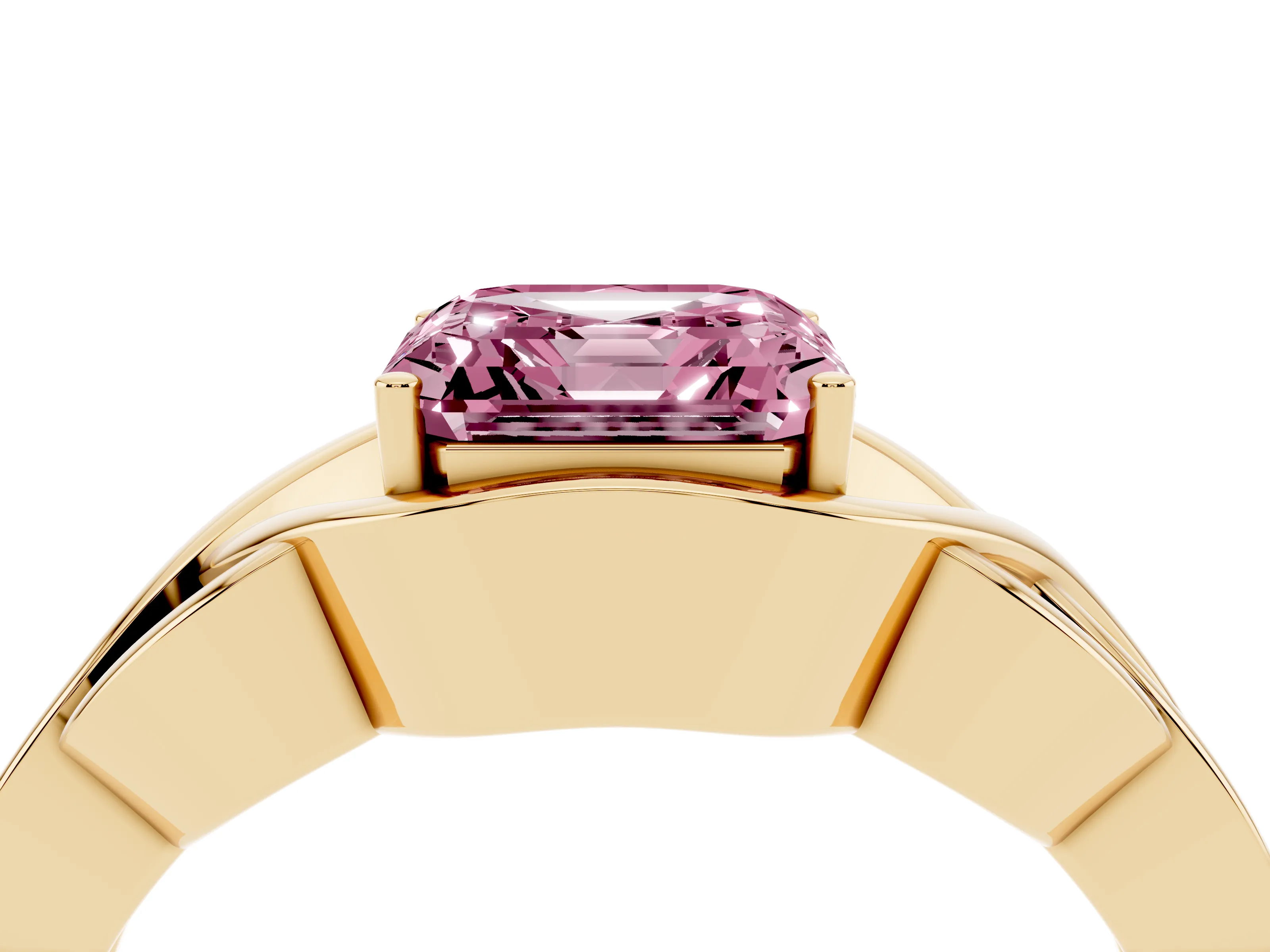 Fancy Pink Asscher Cut Diamond Solitaire Ring Set in Yellow gold with Intertwined Band