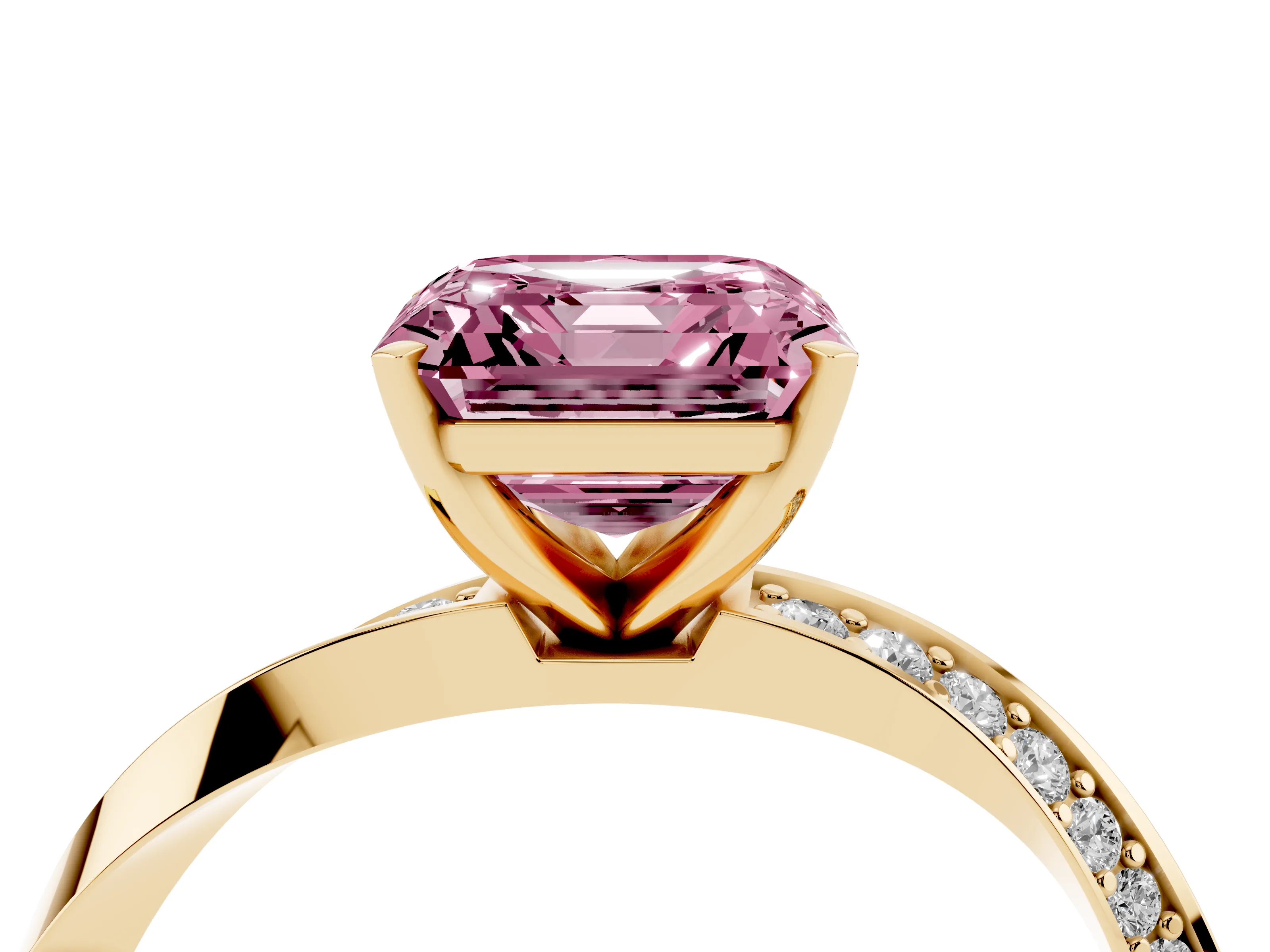Fancy Pink Asscher Cut Diamond Engagement Ring Set in Yellow gold with Side Stone Accents and Prong Setting