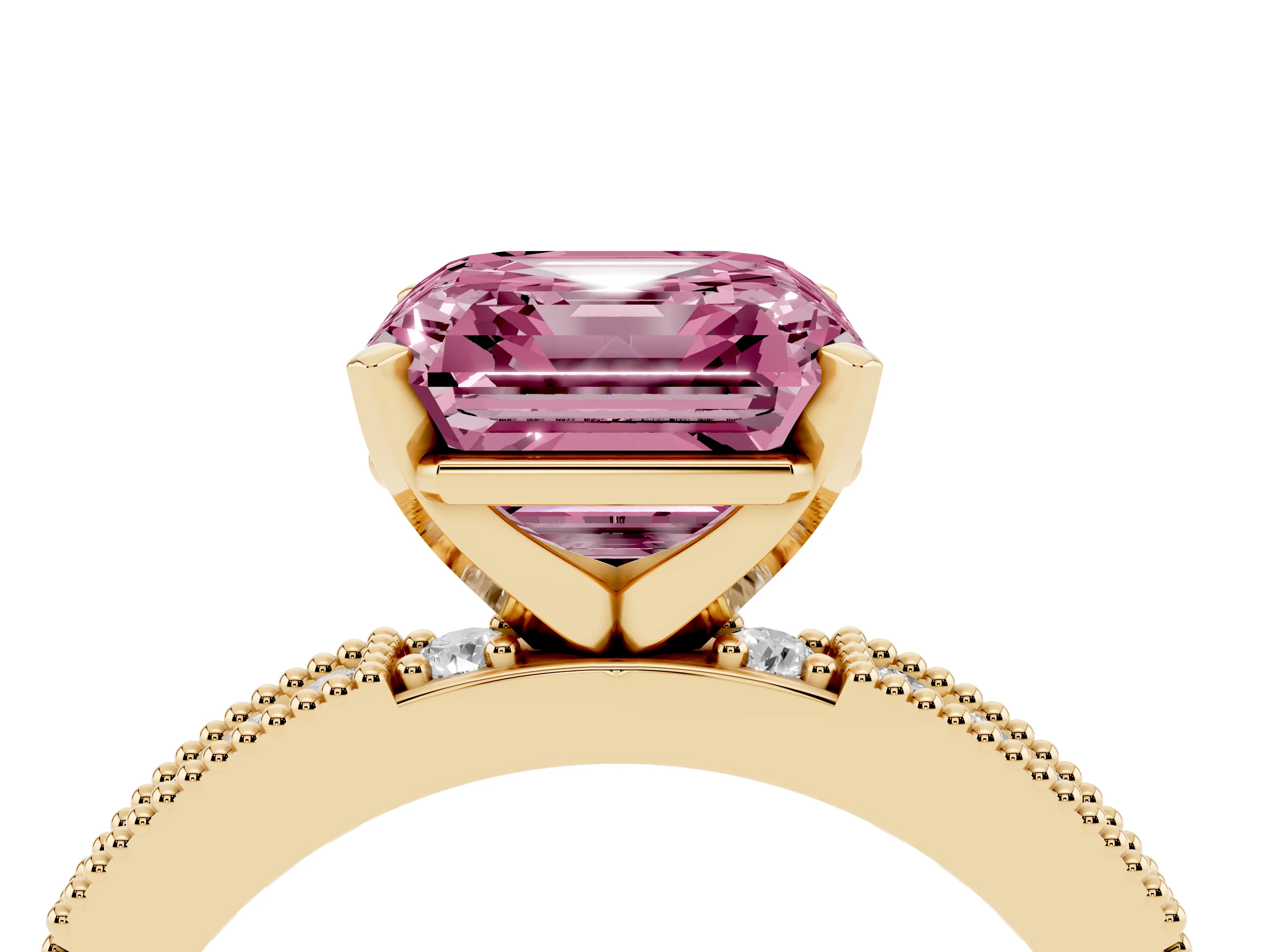 Fancy Pink Asscher Cut Diamond Solitaire Ring Set in Yellow gold with Slim Pavé Band and Prong Setting