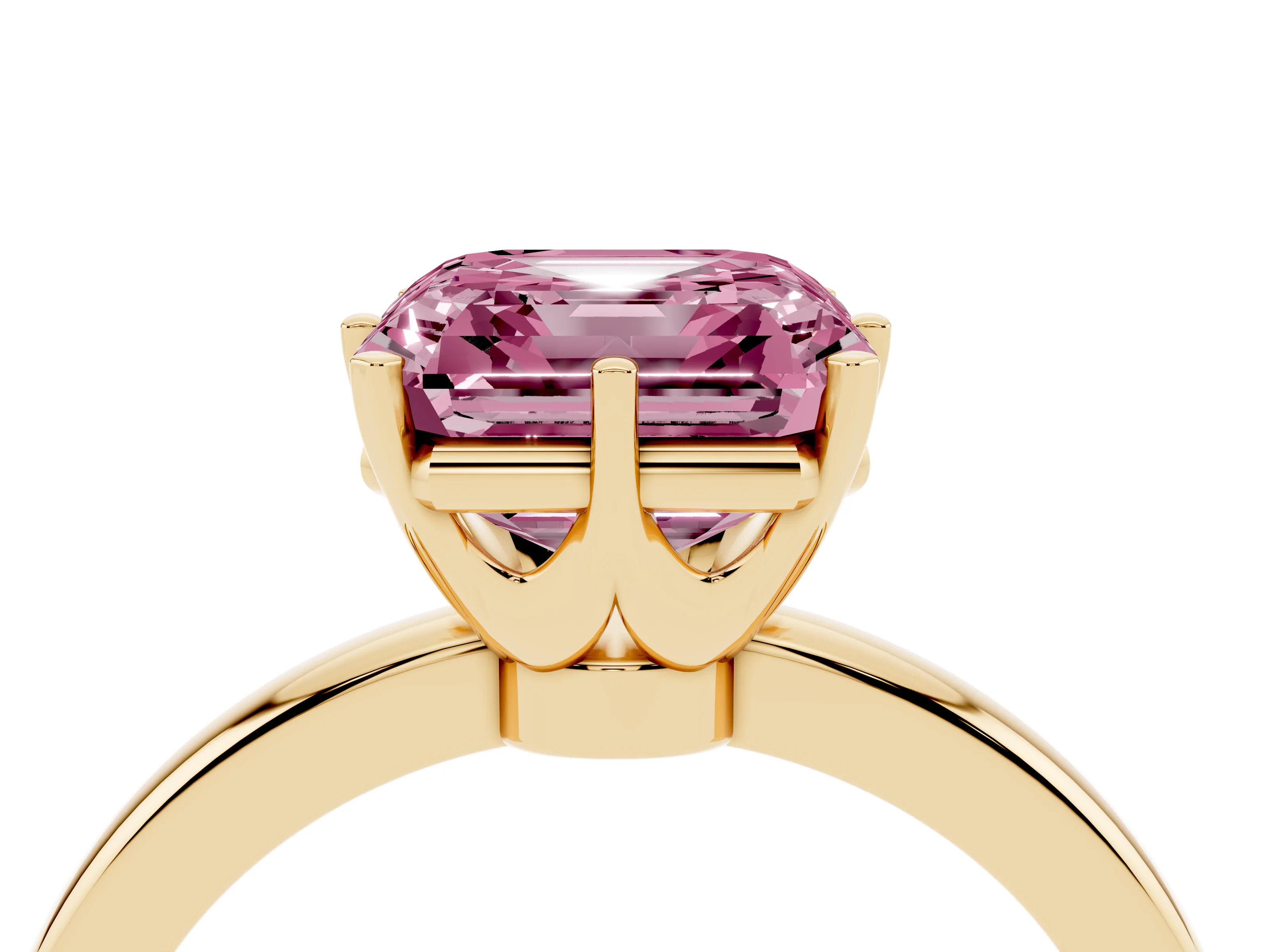 Fancy Pink Asscher Cut Diamond Solitaire Ring Set in Yellow gold with Raised Prong Setting on a Classic Band