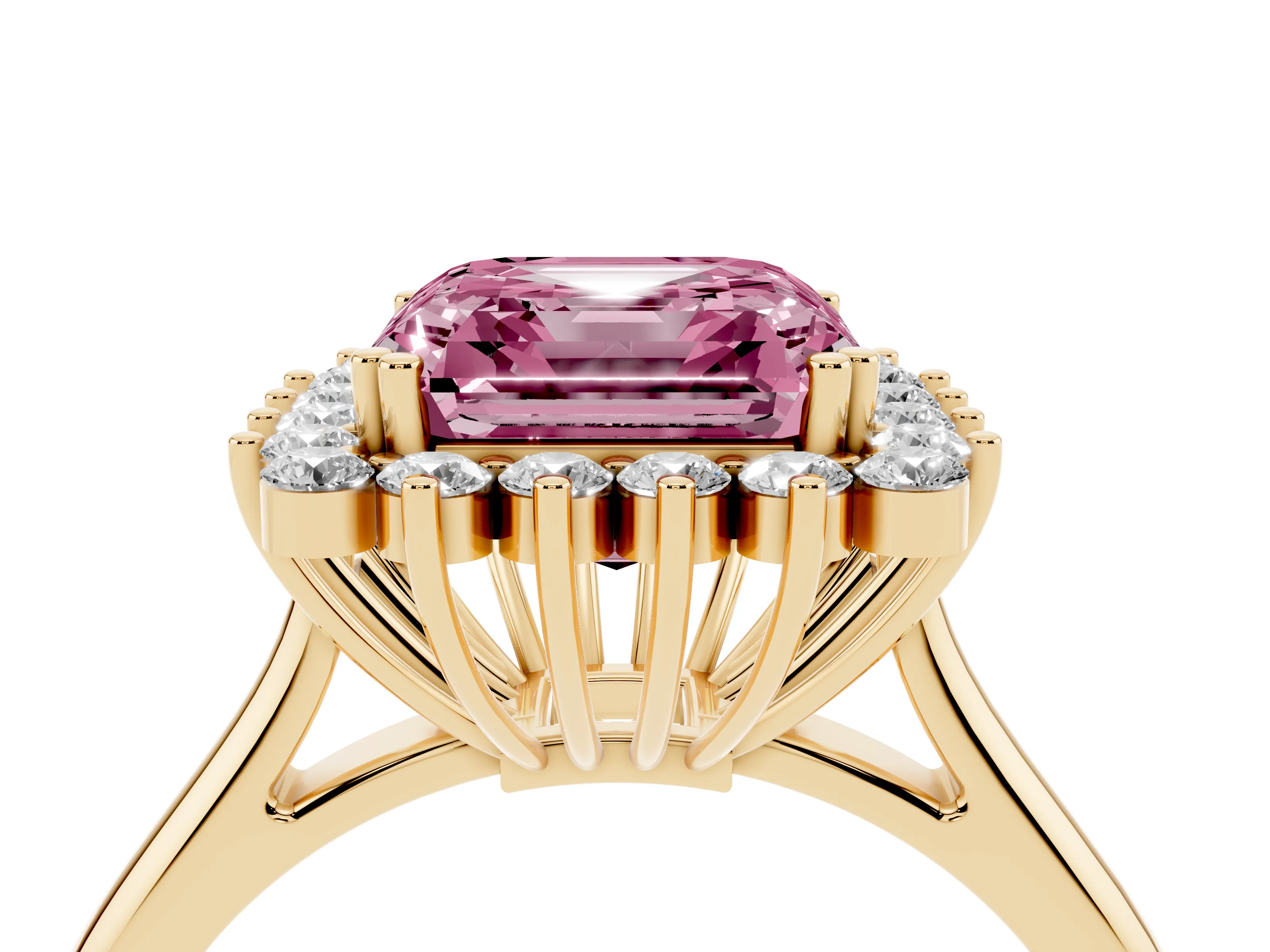 Fancy Pink Asscher Cut Diamond Halo Ring Set in Yellow gold with Plain Solitaire Band and Prong Setting
