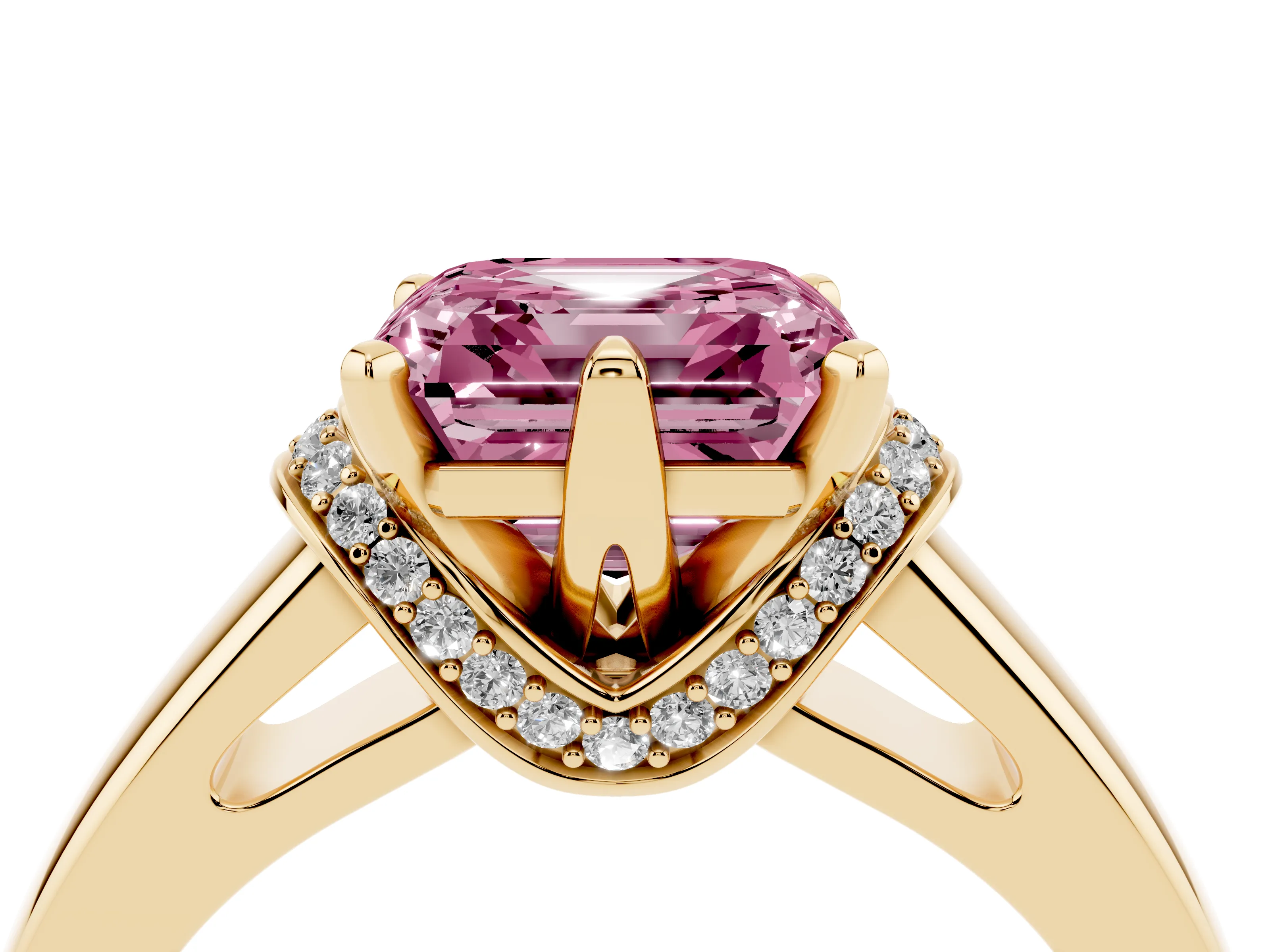 Fancy Pink Asscher Cut Diamond Pavé Band Solitaire Ring Set in Yellow gold with Prong Setting