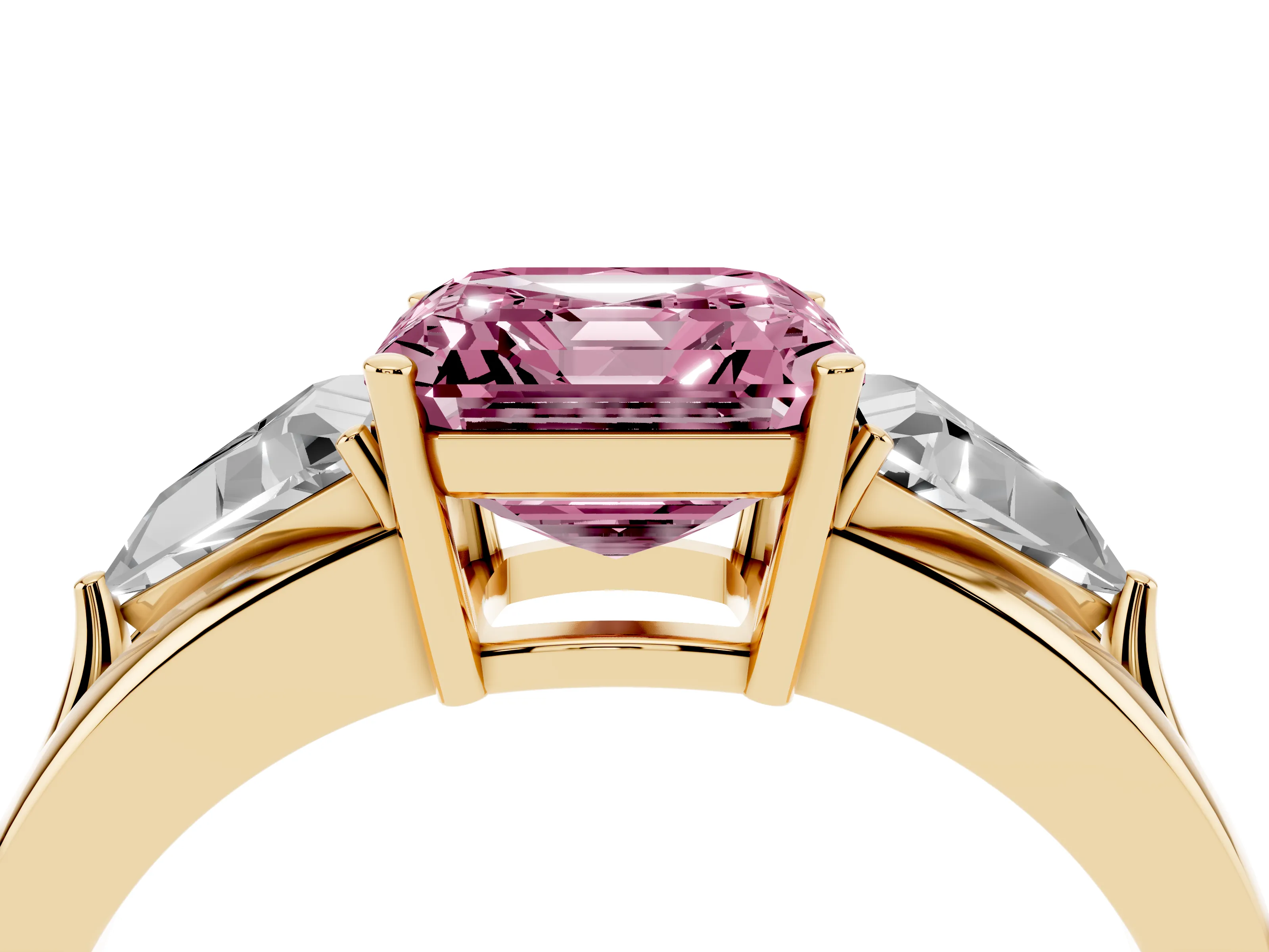 Fancy Pink Asscher Cut Diamond Three-Stone Ring Set in Yellow gold with Trillion Side Stones and Split Shank