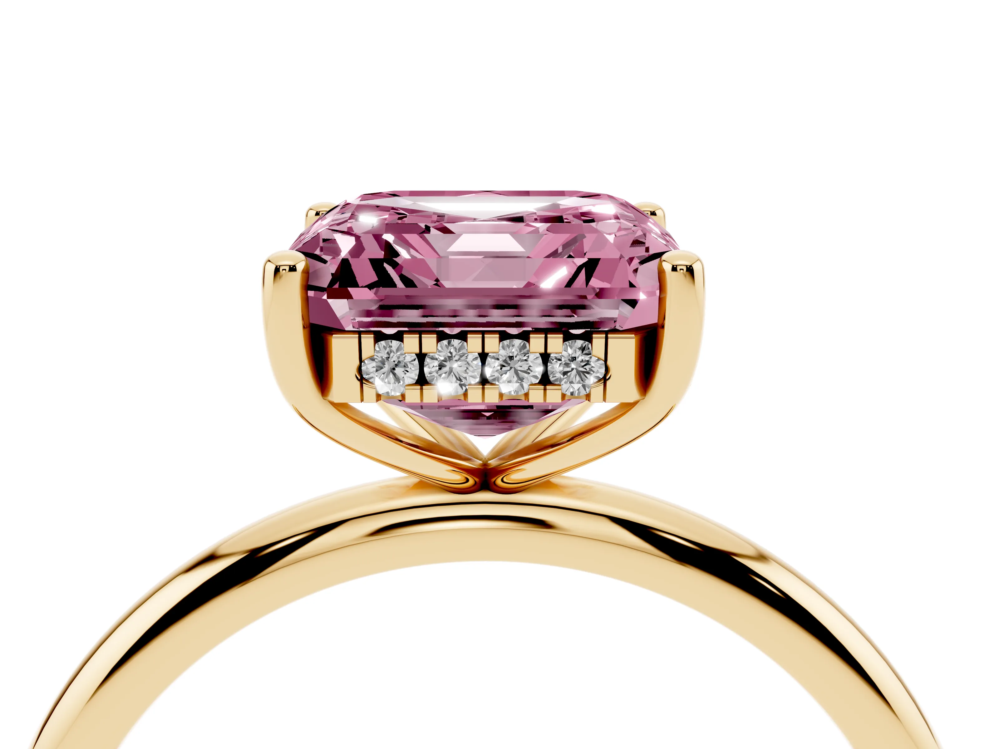 Fancy Pink Asscher Cut Diamond Solitaire Engagement Ring Set in Yellow gold with Prong Setting and Polished Band
