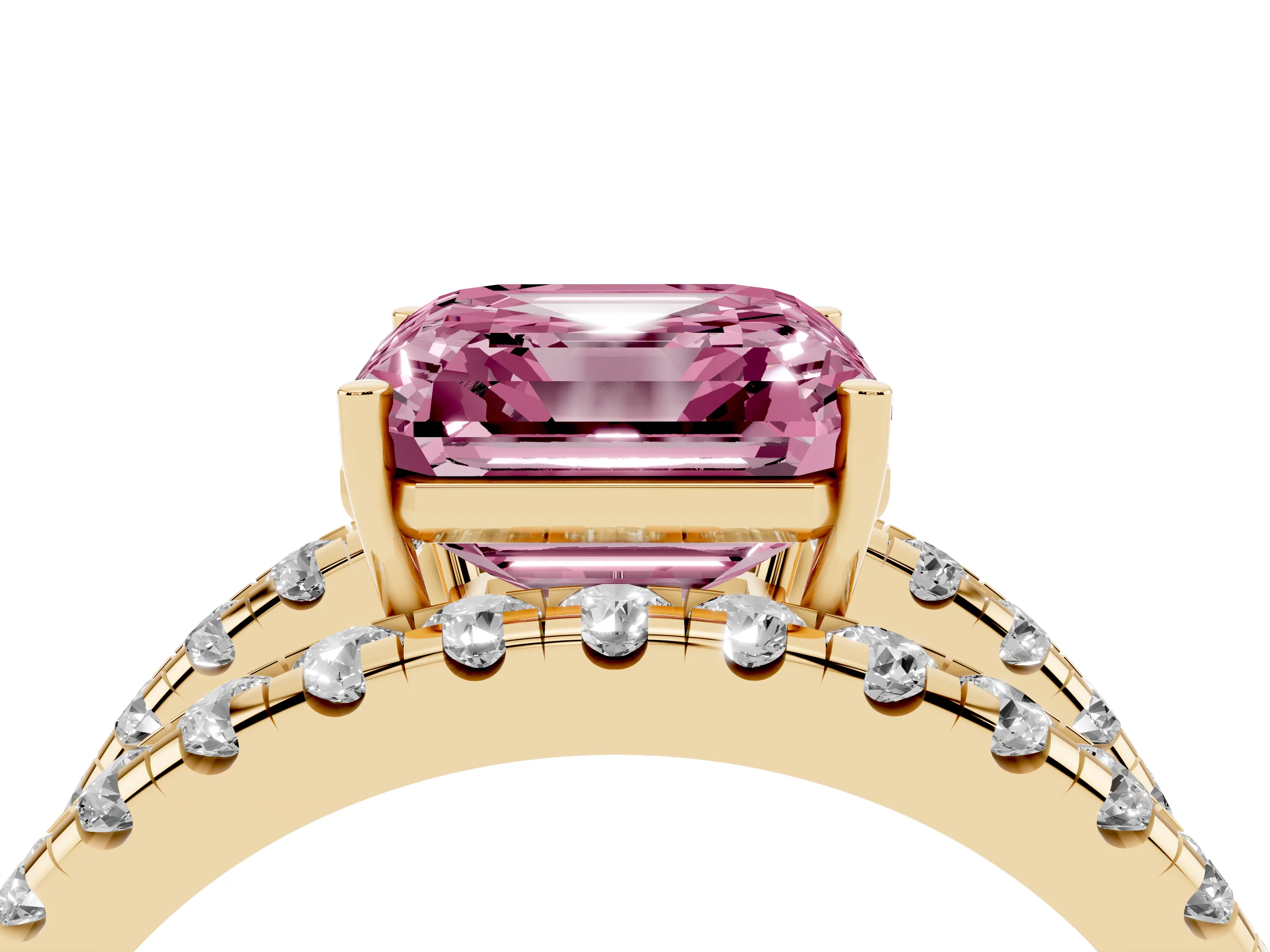 Fancy Pink Asscher Cut Diamond Split Shank Pavé Solitaire Ring Set in Yellow gold with Open Shank Design