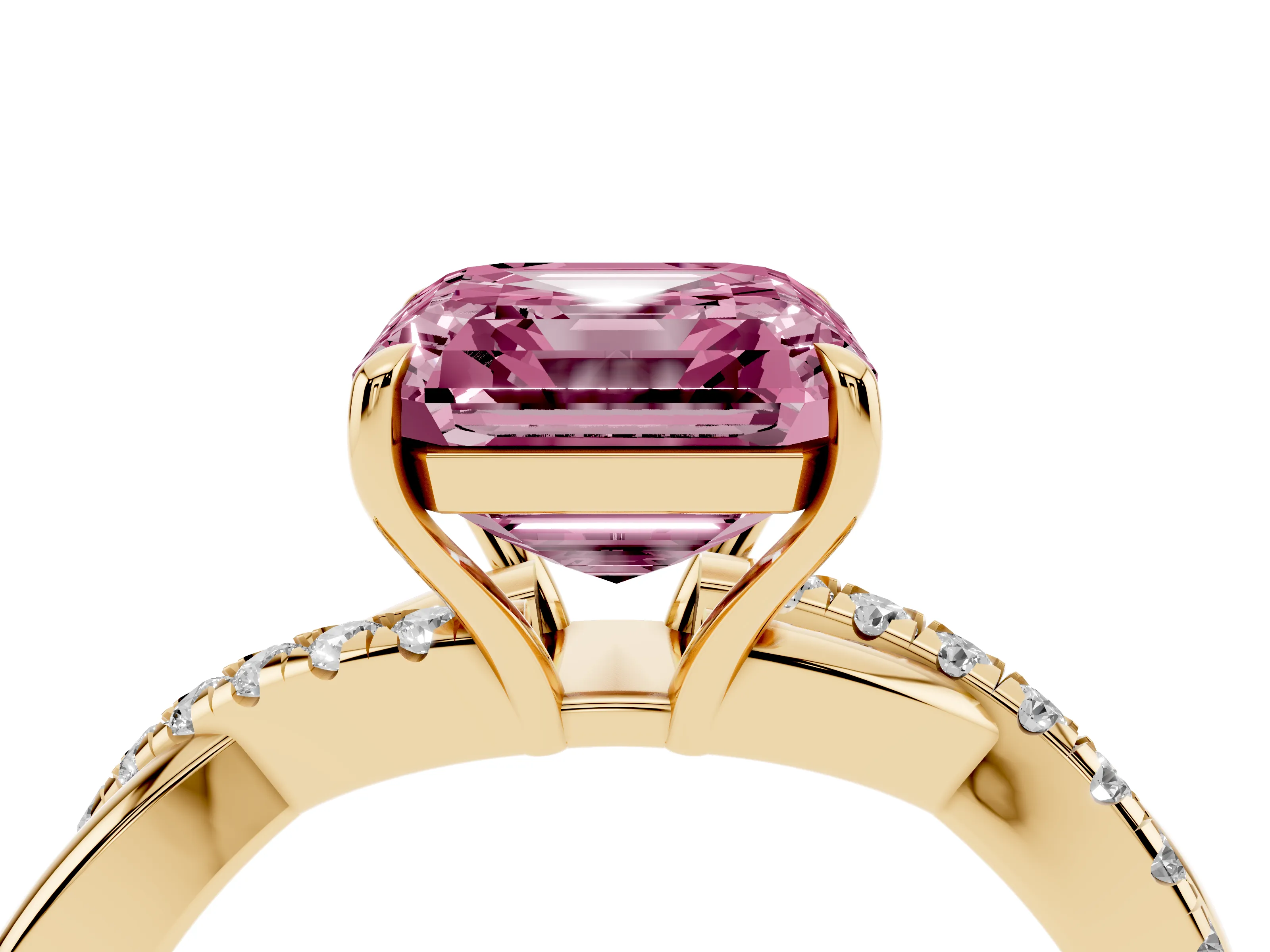Fancy Pink Asscher Cut Diamond Twisted Pavé Band Ring Set in Yellow gold with Prong Setting