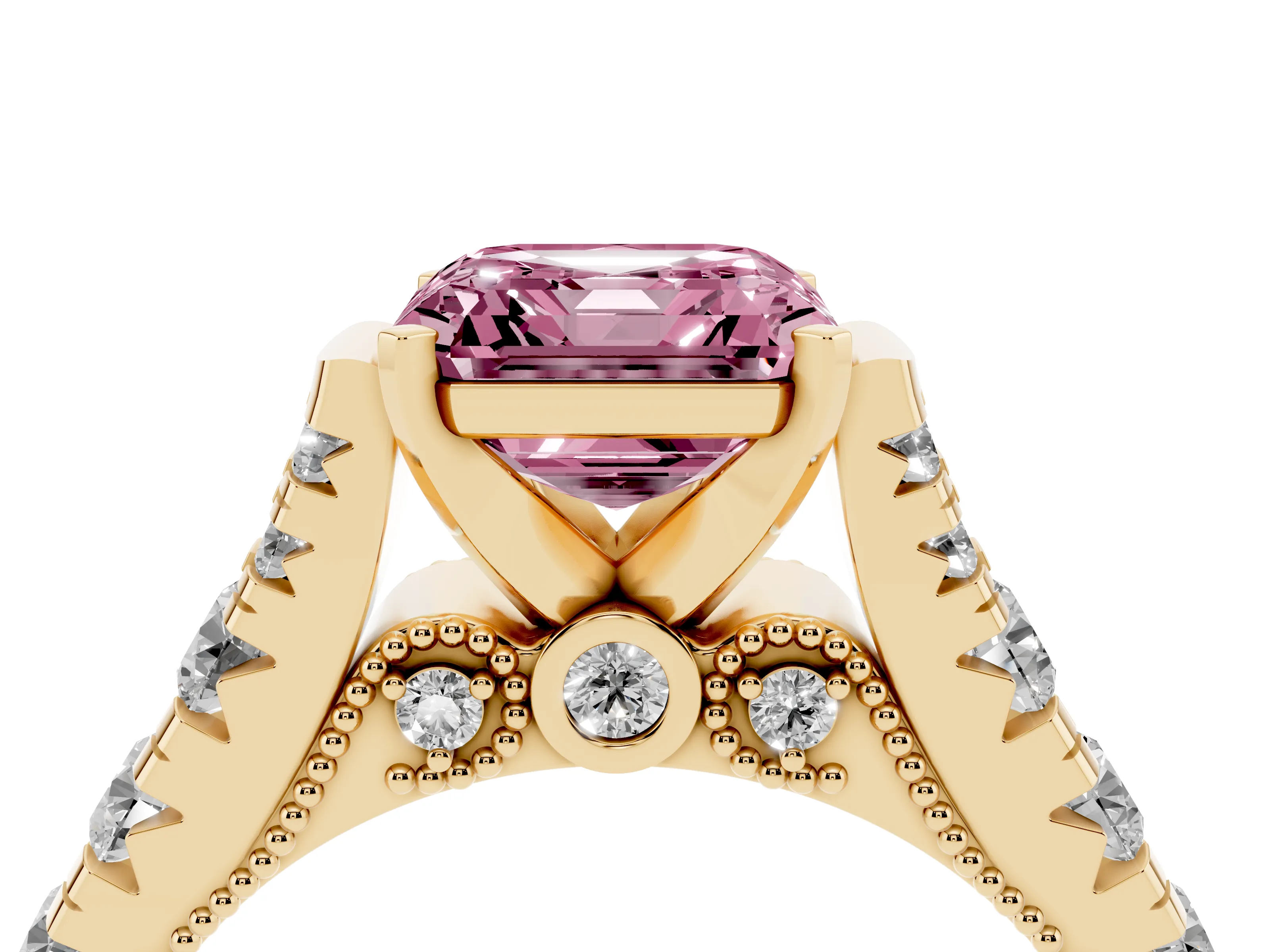 Fancy Pink Asscher Cut Diamond Classic Solitaire Ring Set in Yellow gold with Pavé Band and Prong Setting