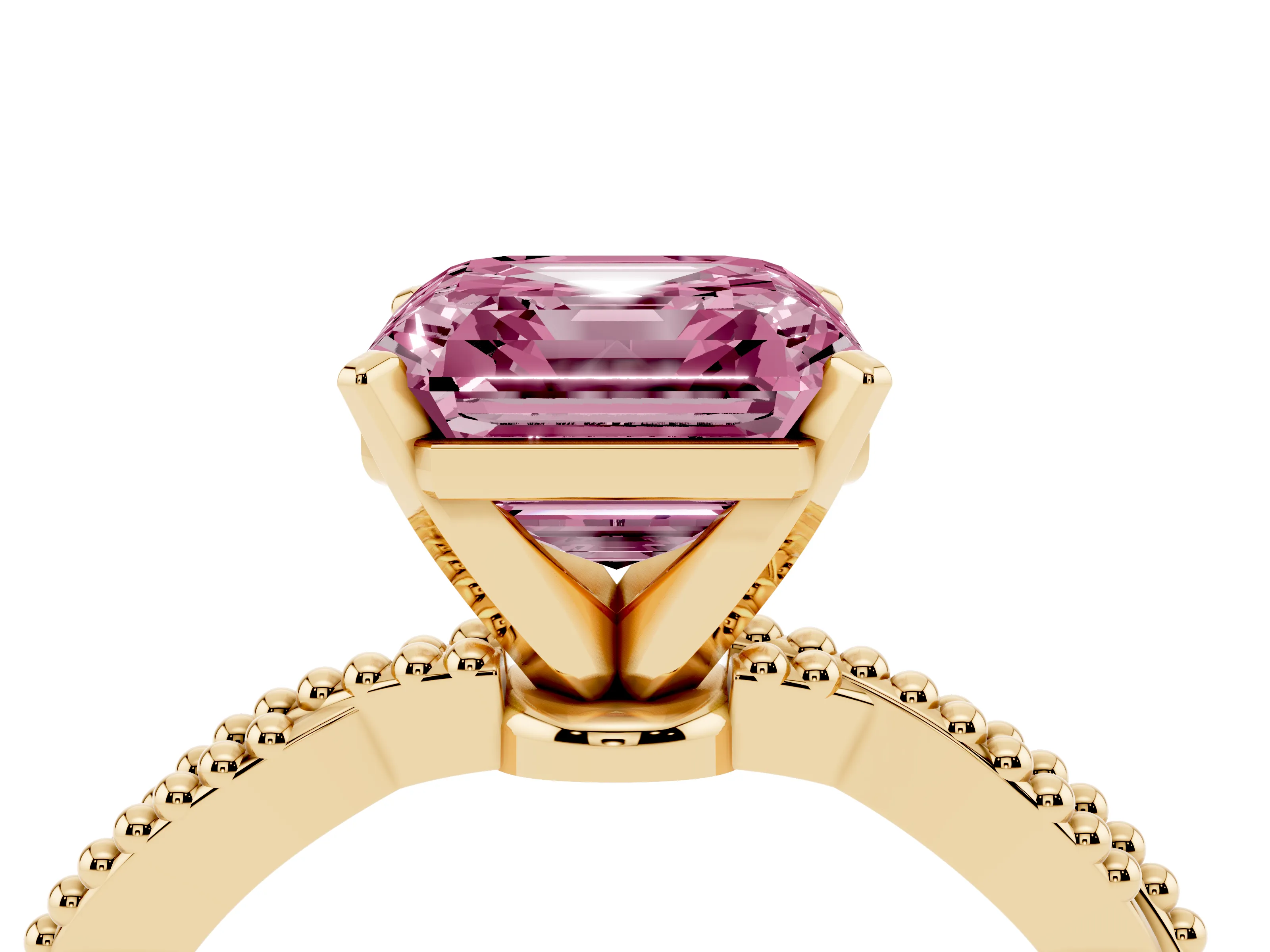 Fancy Pink Asscher Cut Diamond Solitaire Ring Set in Yellow gold with Twisted Band and Bead Prong Setting