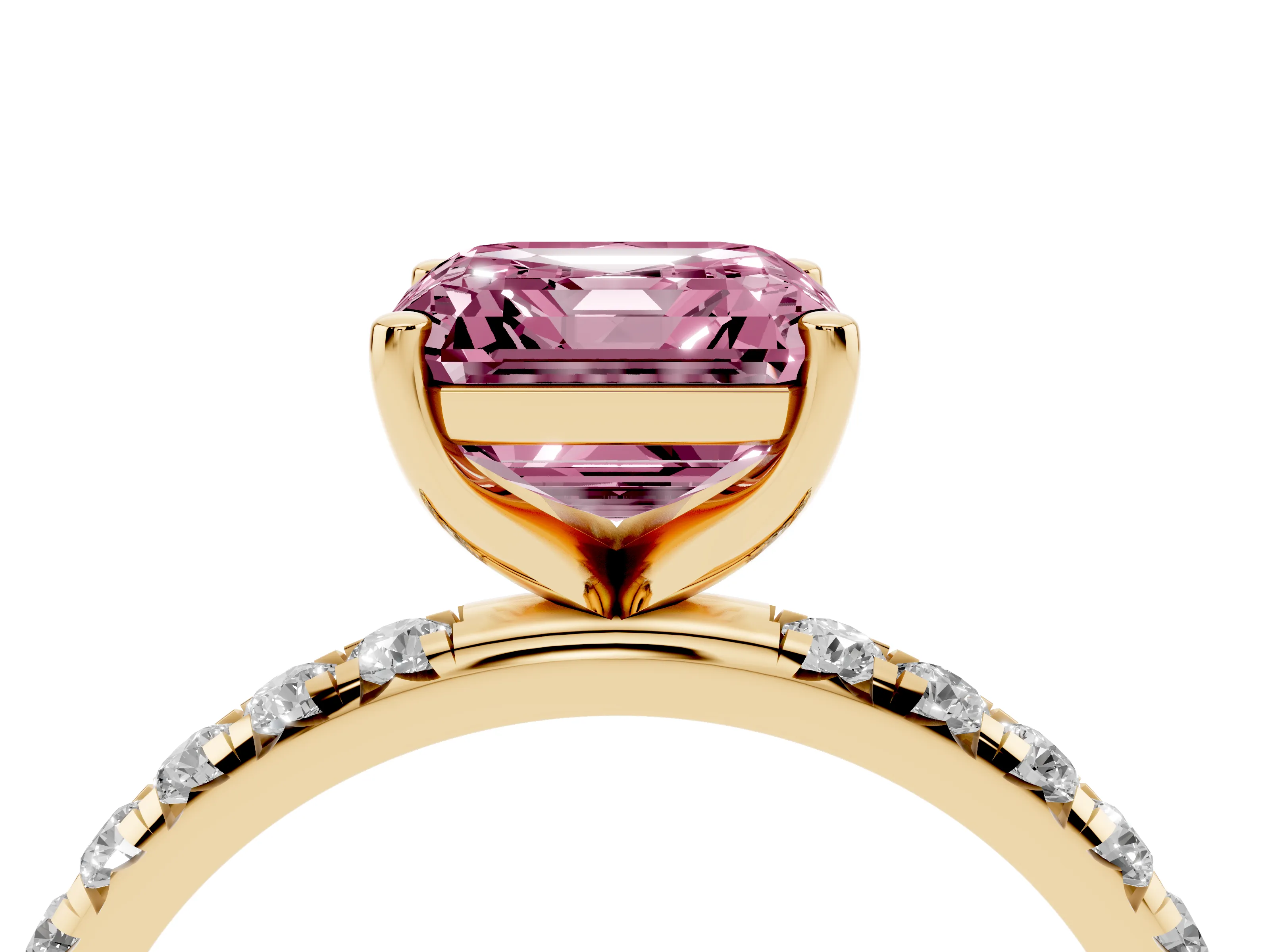 Fancy Pink Asscher Cut Diamond Solitaire Ring Set in Yellow gold with Micro Pavé Band and Prong Setting
