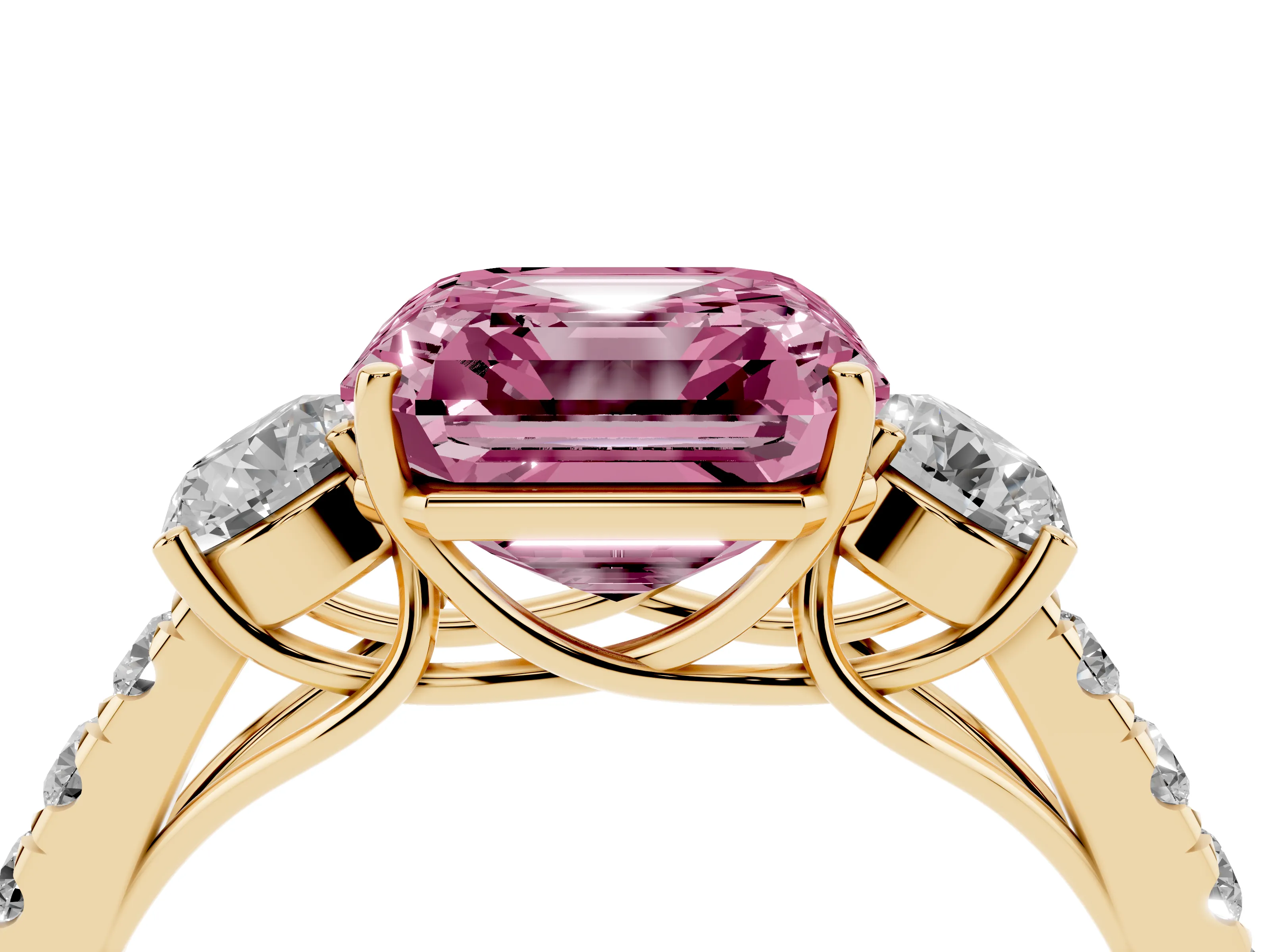 Fancy Pink Asscher Cut Diamond Three-Stone Ring Set in Yellow gold with Round Side Stones and Delicate Pavé Band