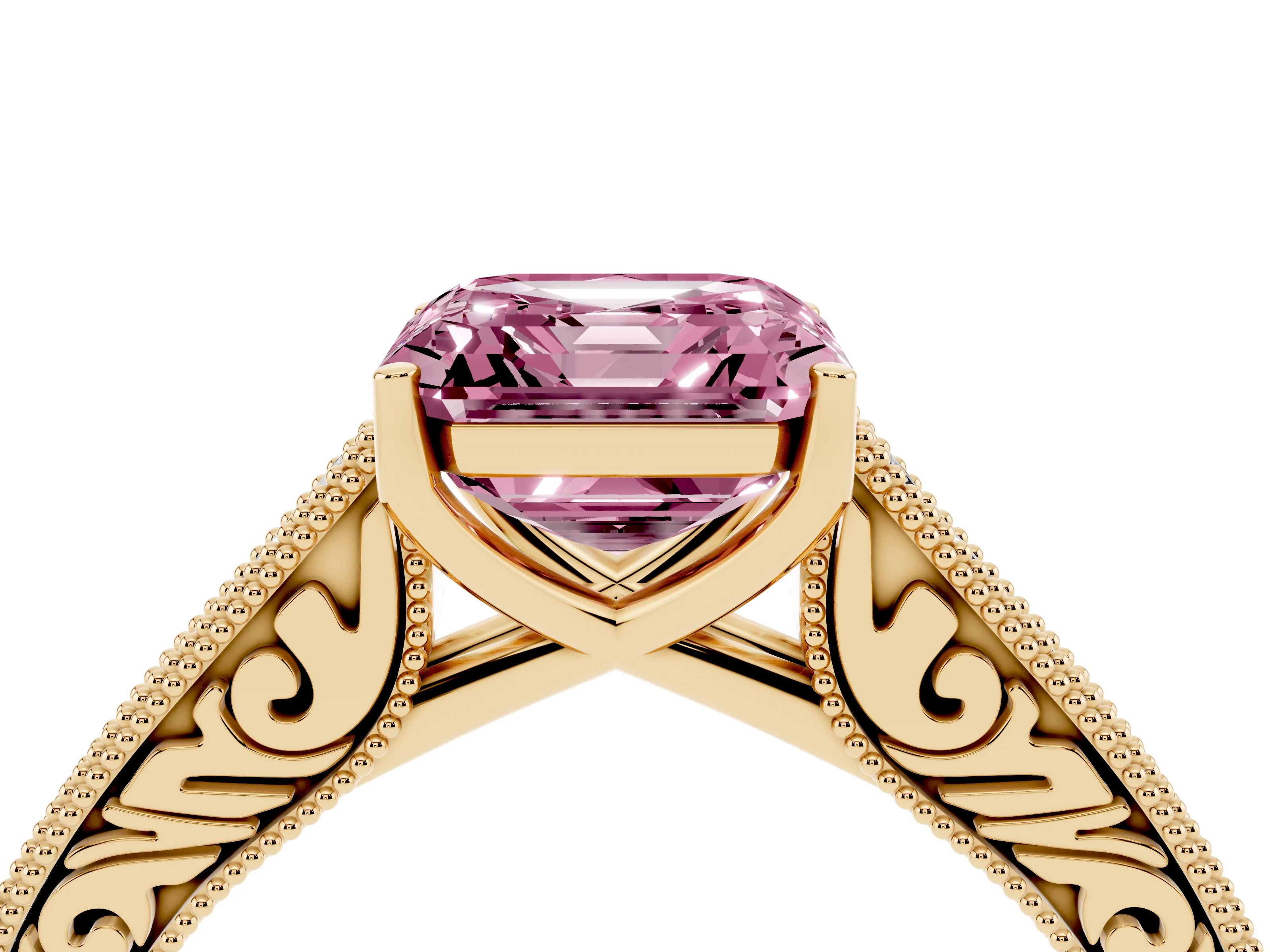 Fancy Pink Asscher Cut Diamond Milgrain Pavé Band Solitaire Ring Set in Yellow gold with Prong Setting