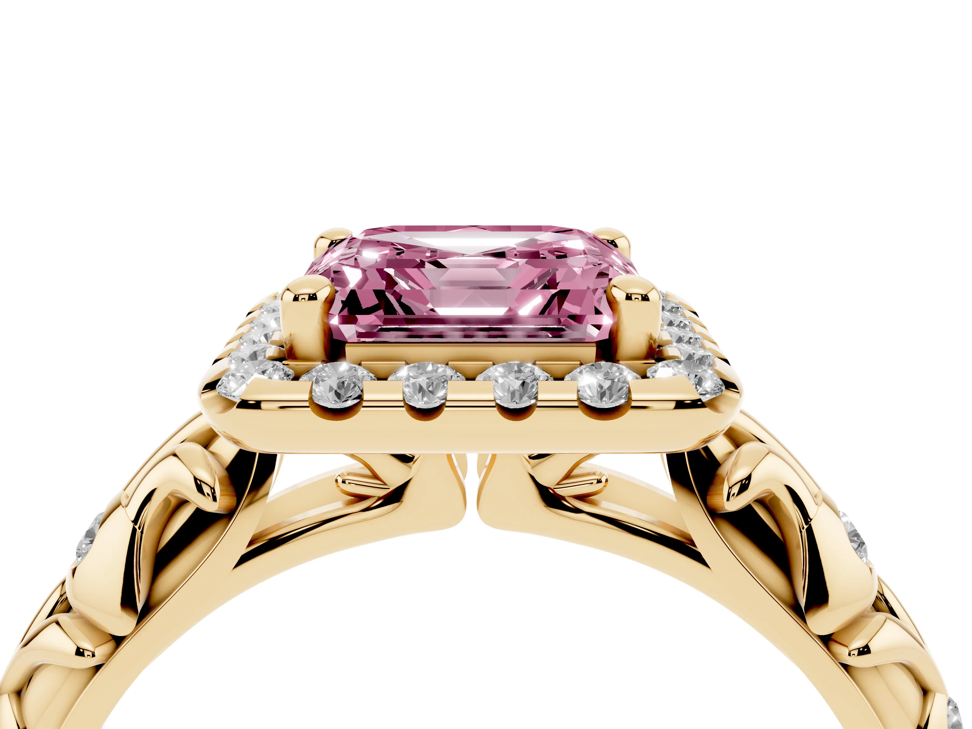 Fancy Pink Asscher Cut Diamond Halo Ring Set in Yellow gold with Filigree Leaf Band and Prong Setting