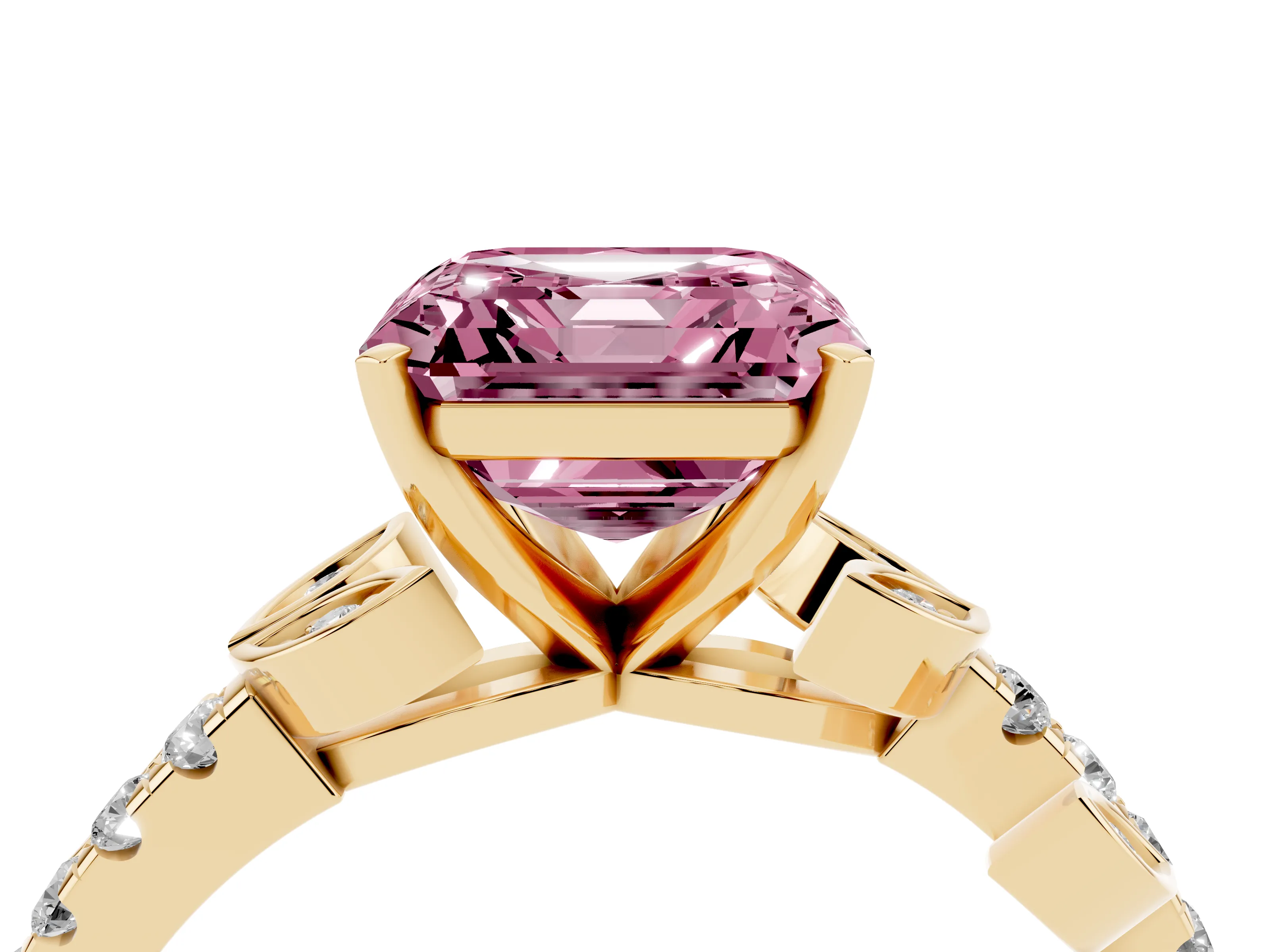 Fancy Pink Asscher Cut Diamond Solitaire Leaf-Inspired Ring Set in Yellow gold with Pavé Band and Prong Setting