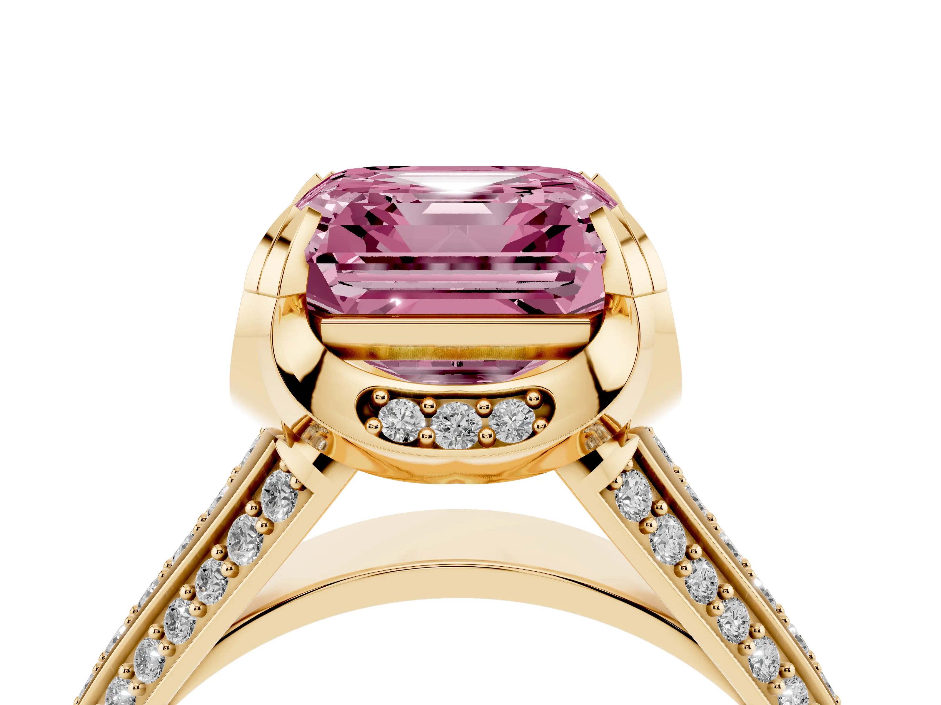 Fancy Pink Asscher Cut Diamond Pavé Split Shank Solitaire Ring Set in Yellow gold with Prong Setting