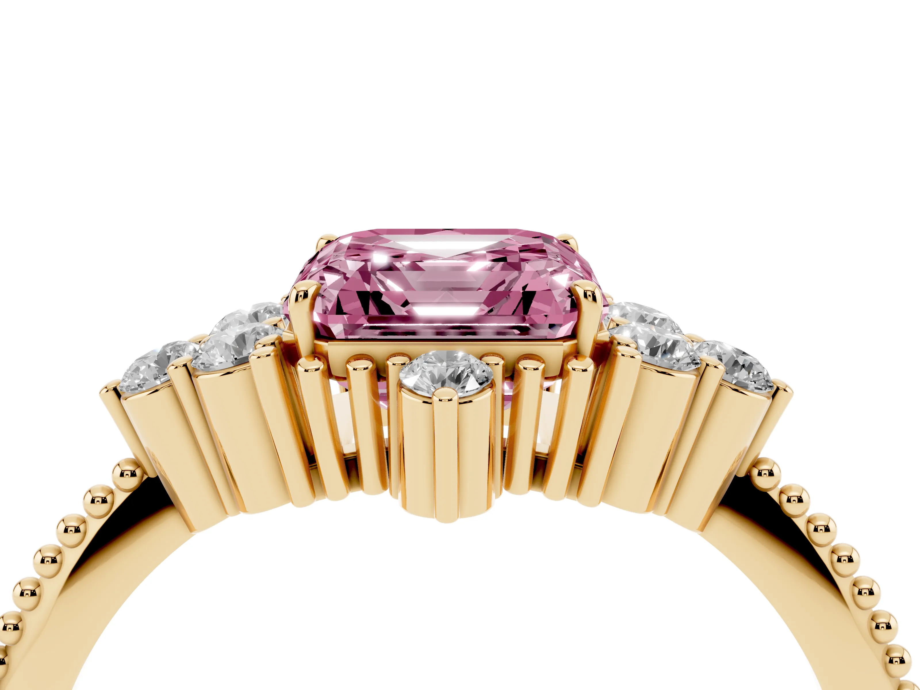 Fancy Pink Asscher Cut Diamond Cluster Ring Set in Yellow gold with Beaded Band