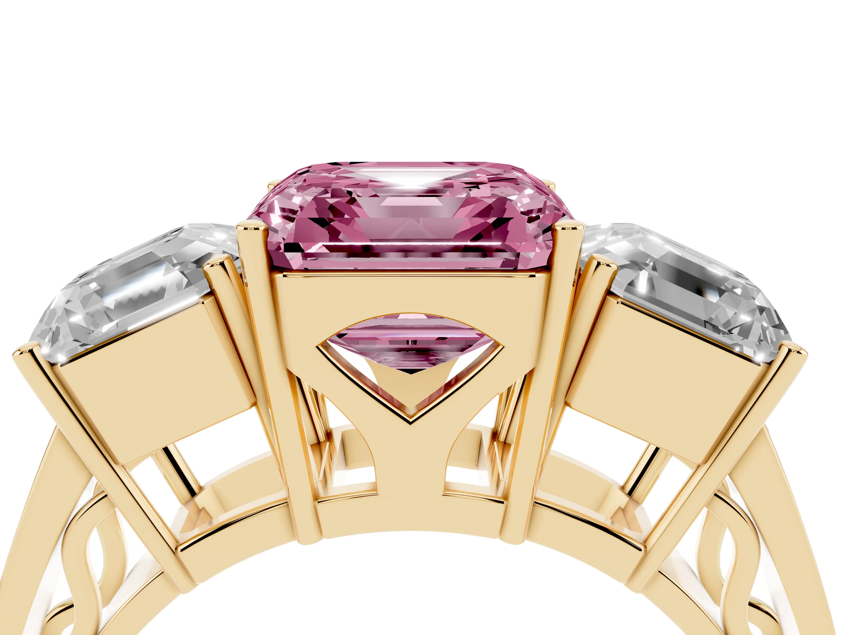 Fancy Pink Asscher Cut Diamond Three-Stone Ring Set in Yellow gold with Textured Band