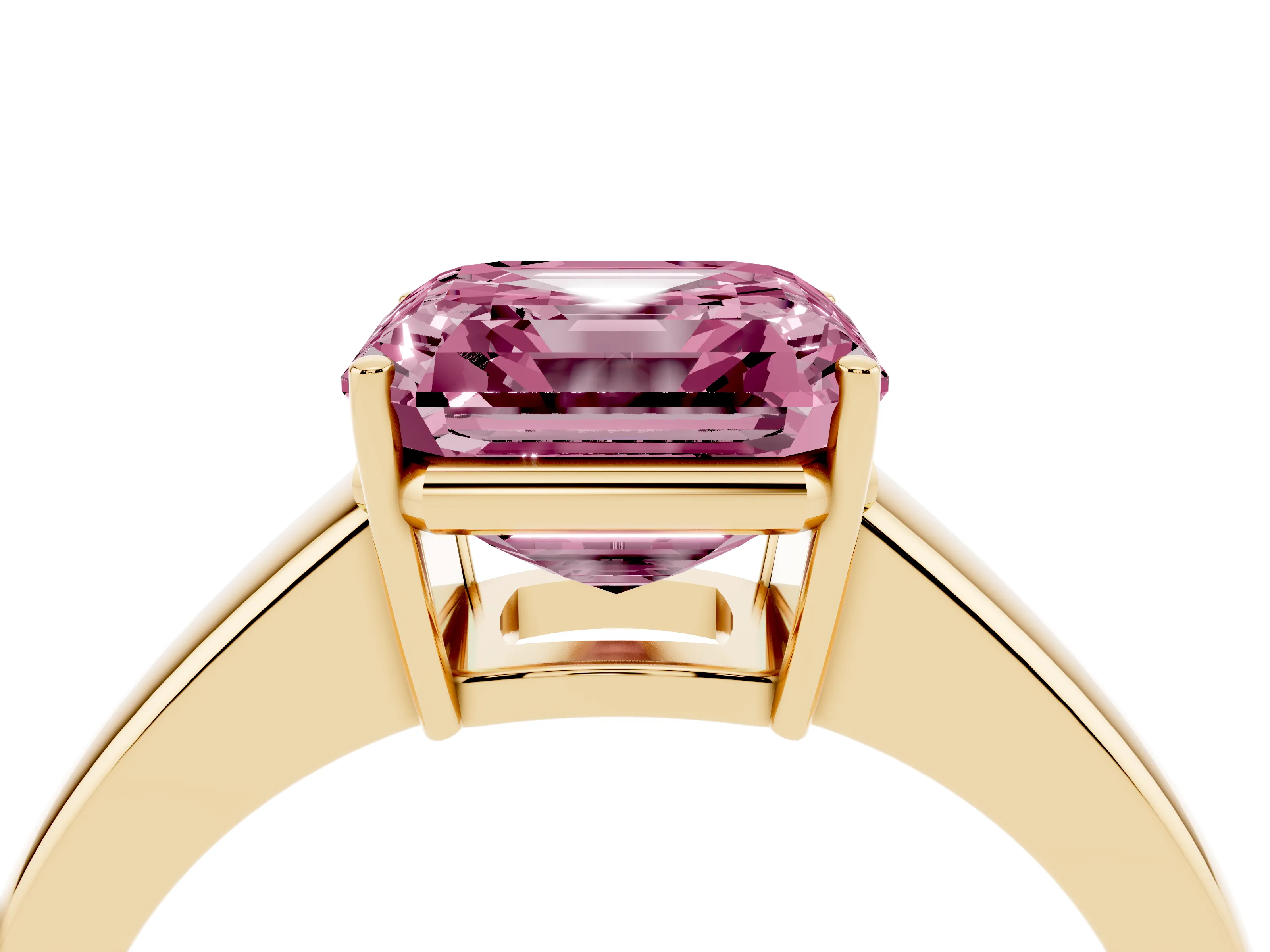 Fancy Pink Asscher Cut Diamond Solitaire Ring Set in Yellow gold with Tapered Band and Prong Setting