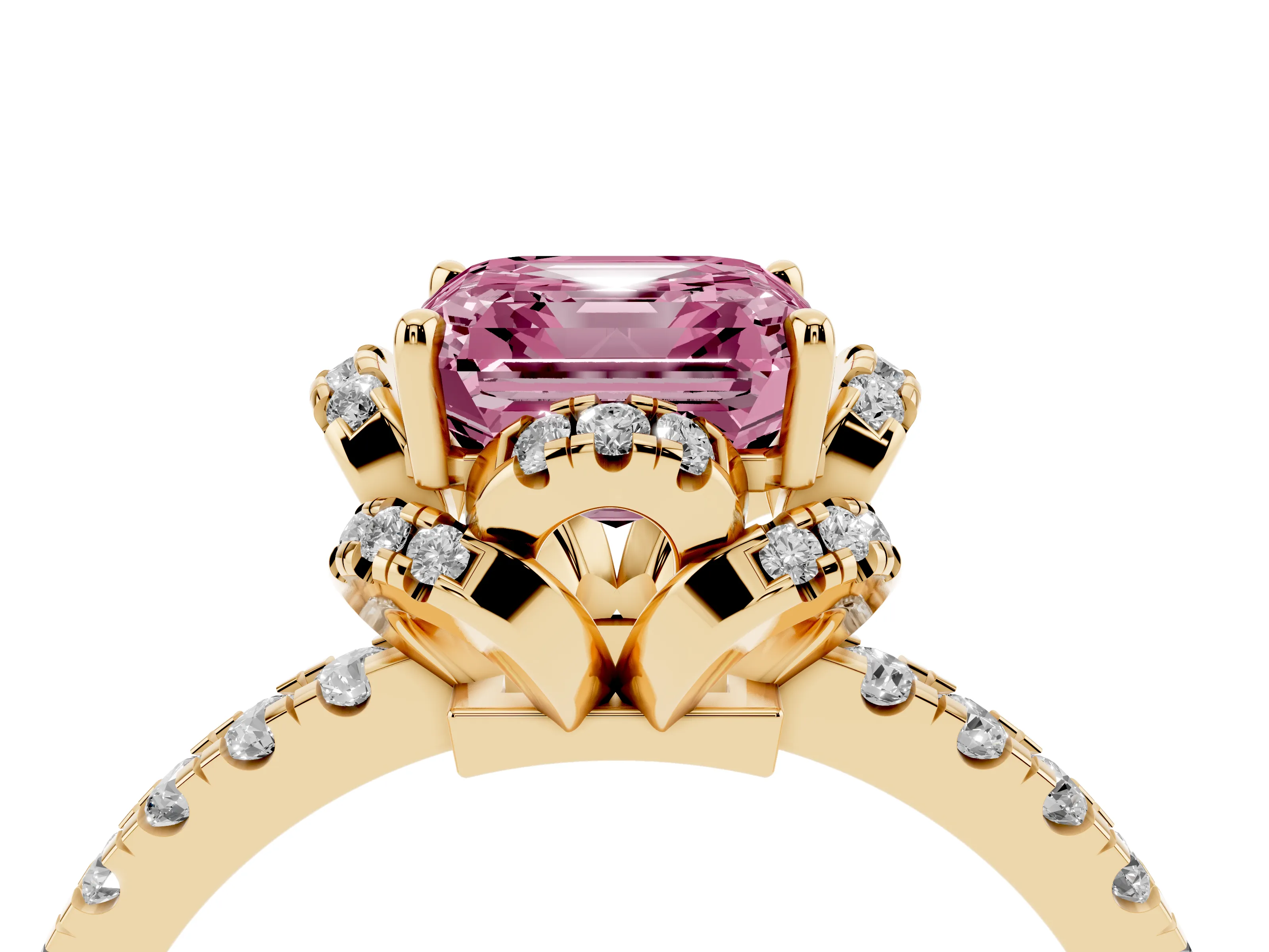 Fancy Pink Asscher Cut Diamond Halo Pavé Band Ring Set in Yellow gold with Prong-Held Center