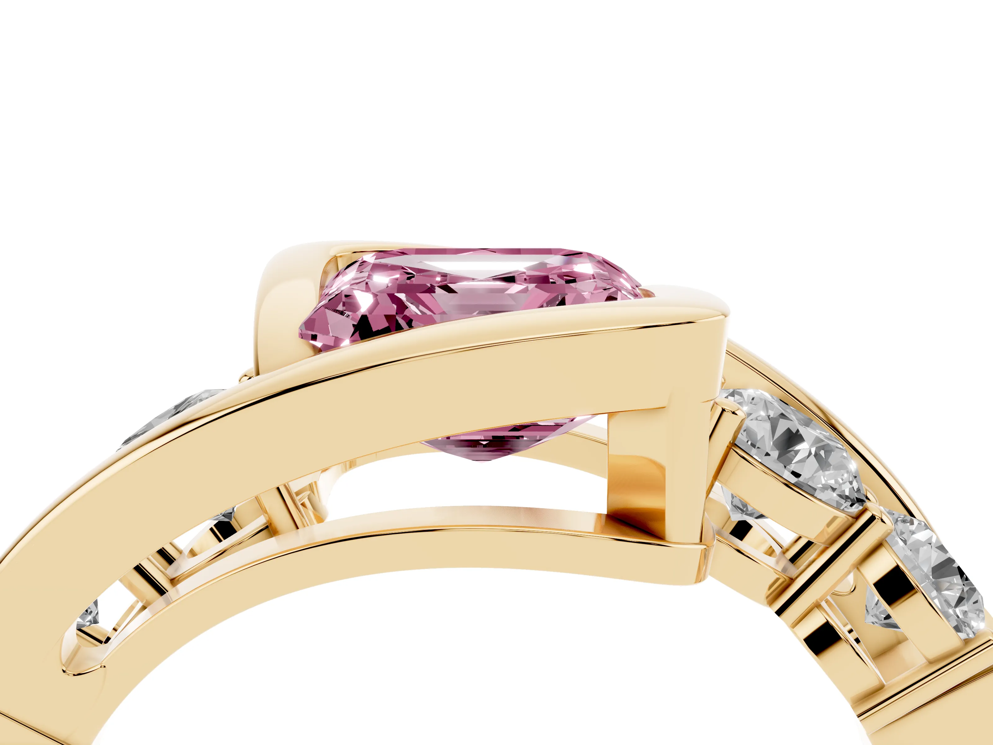 Fancy Pink Asscher Cut Diamond Bezel Bypass Ring Set in Yellow gold with Round Accents