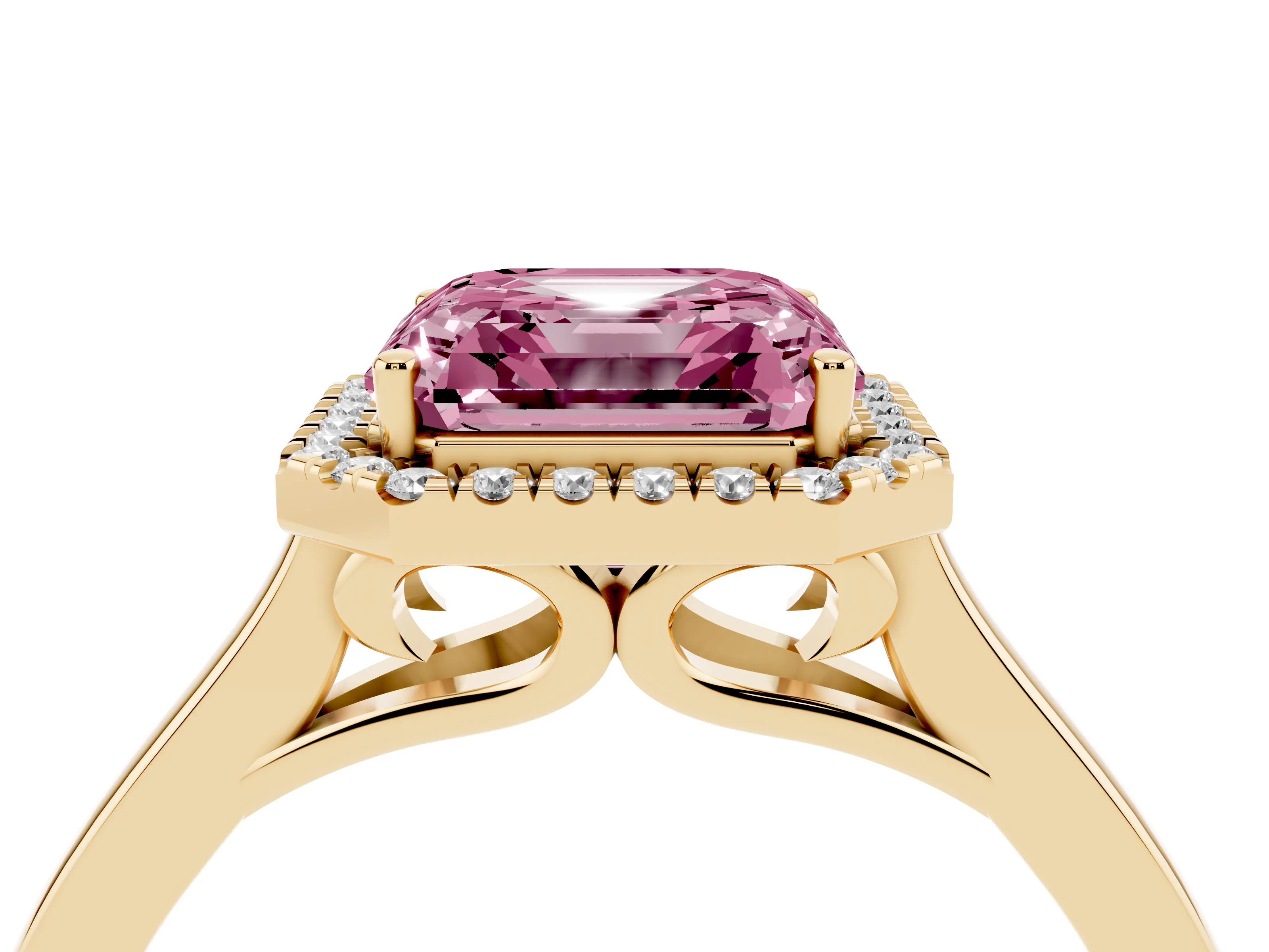 Fancy Pink Asscher Cut Halo Round Diamond Solitaire Ring Set in Yellow gold with Pavé Band and Prong Setting