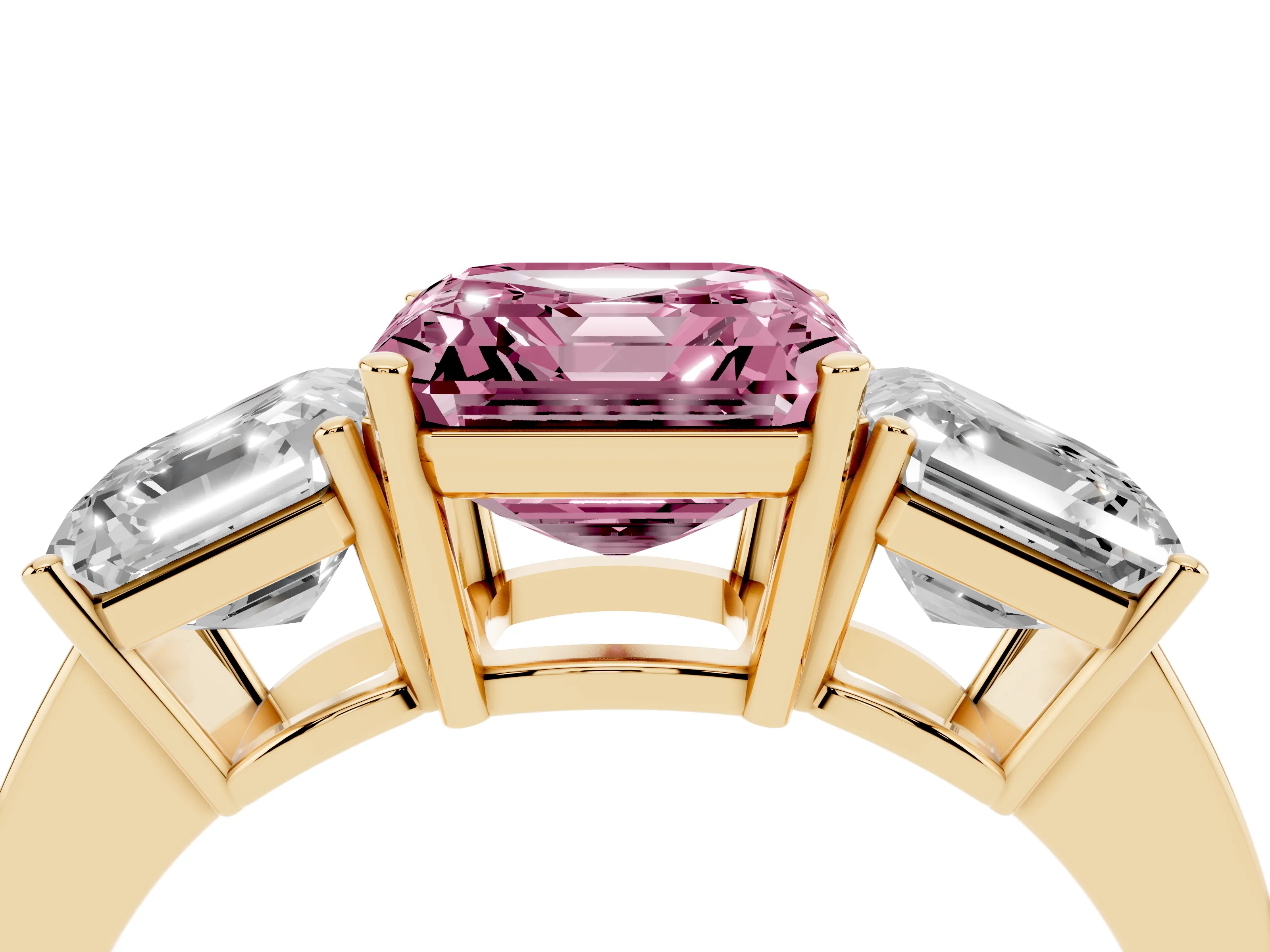 Fancy Pink Asscher Cut Diamond Three-Stone Engagement Ring Set in Yellow gold with Flat Band