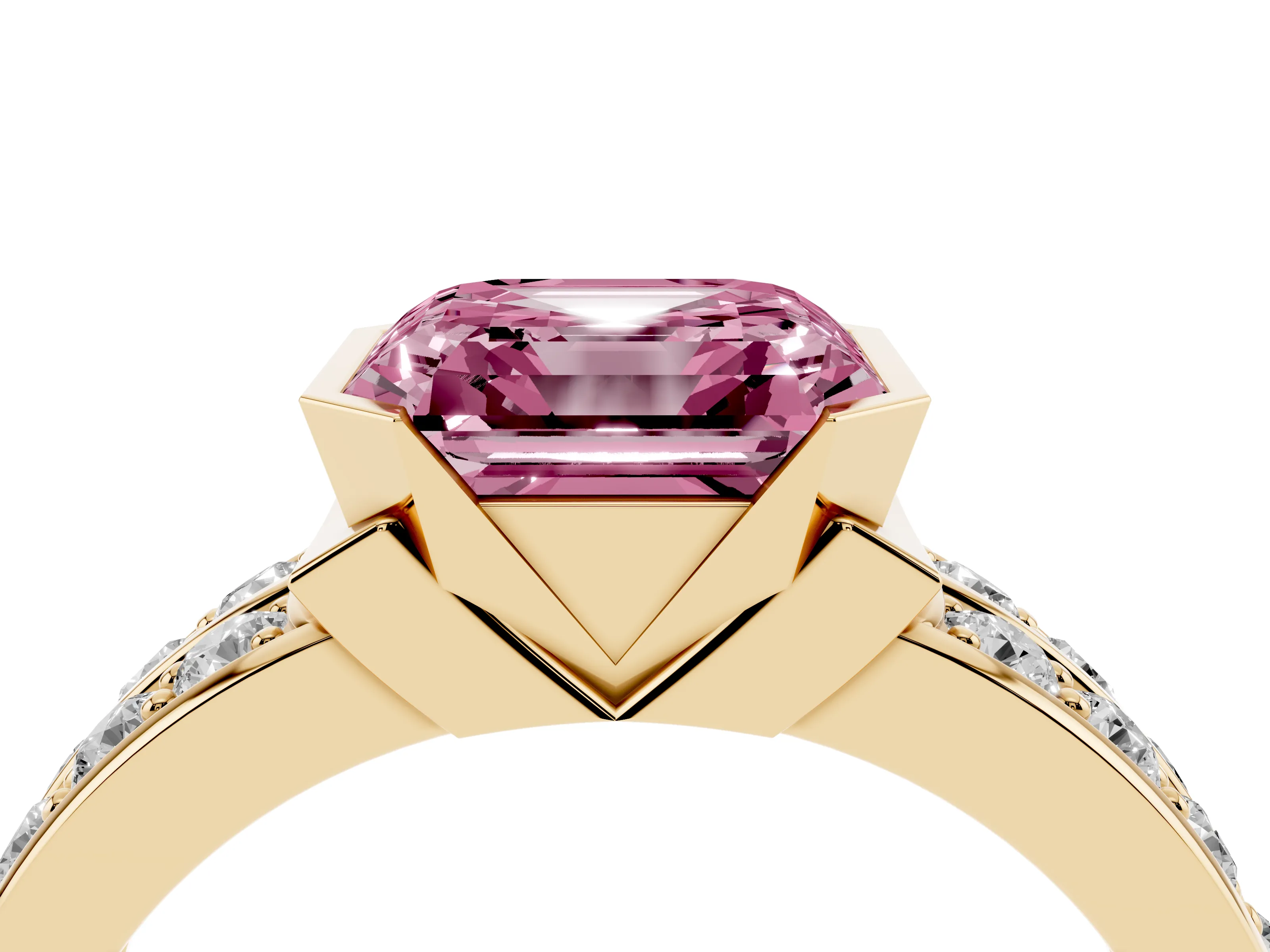 Fancy Pink Asscher Cut Diamond Wide Channel Set Band Ring Set in Yellow gold with Bezel Setting