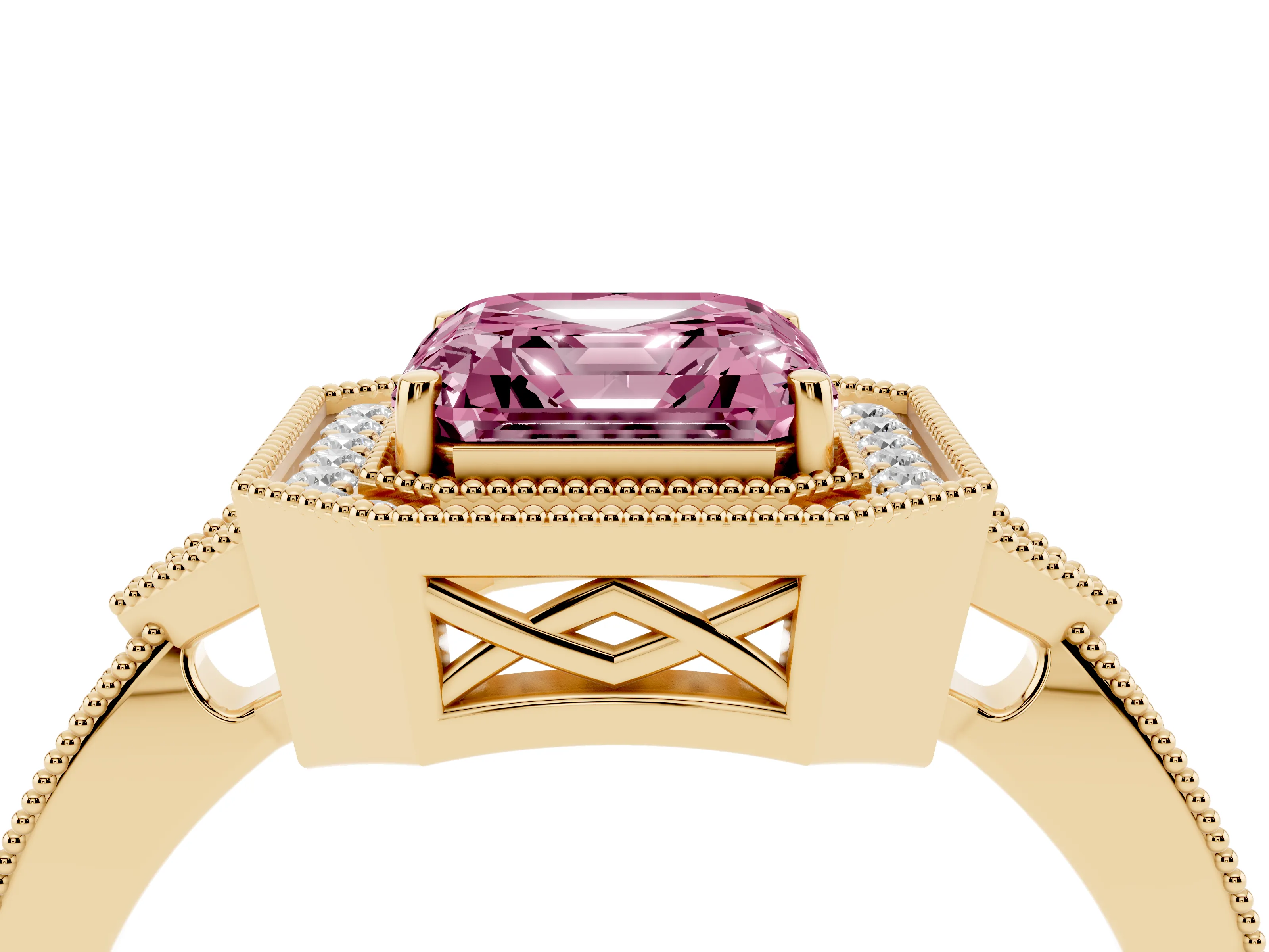 Fancy Pink Asscher Cut Diamond Halo Engagement Ring Set in Yellow gold with Milgrain Pavé Band