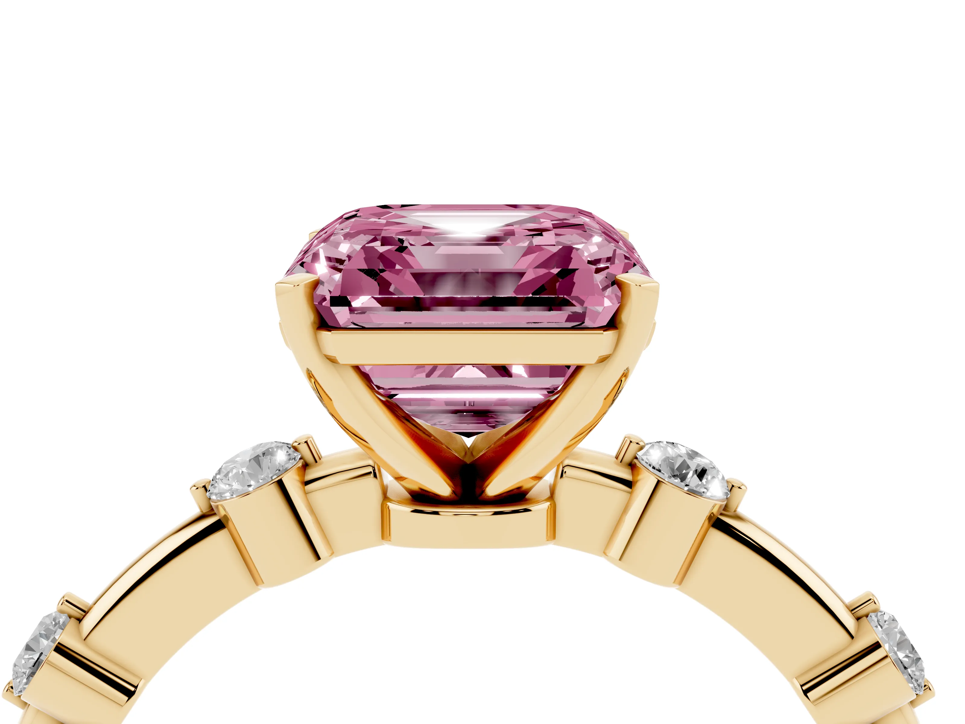 Fancy Pink Asscher Cut Diamond Solitaire Ring Set in Yellow gold with Bezel Set Side Stones and Prong Setting