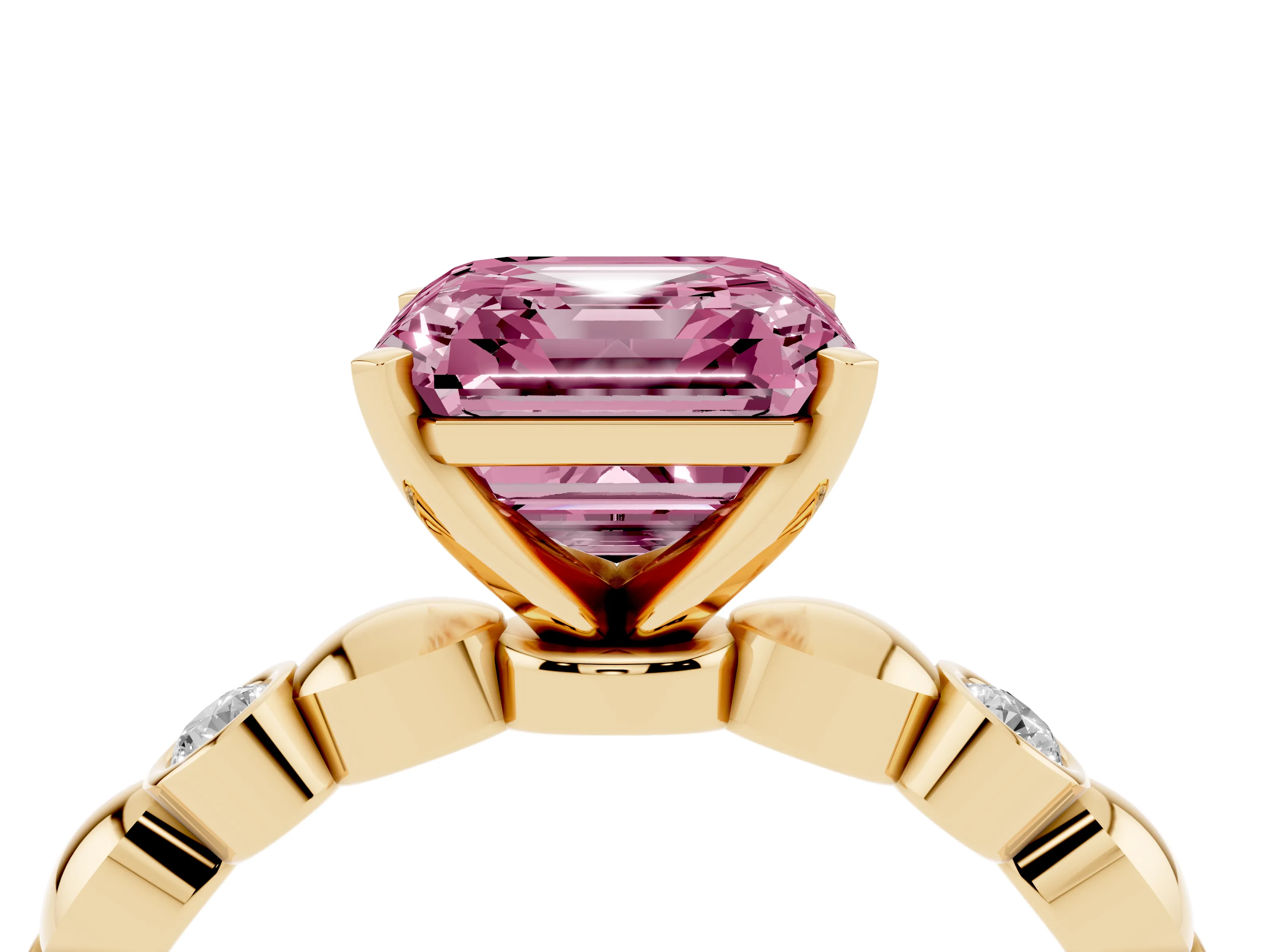 Fancy Pink Asscher Cut Diamond Solitaire Ring Set in Yellow gold with Bezel-Set Accents on Beaded Band and Prong Setting