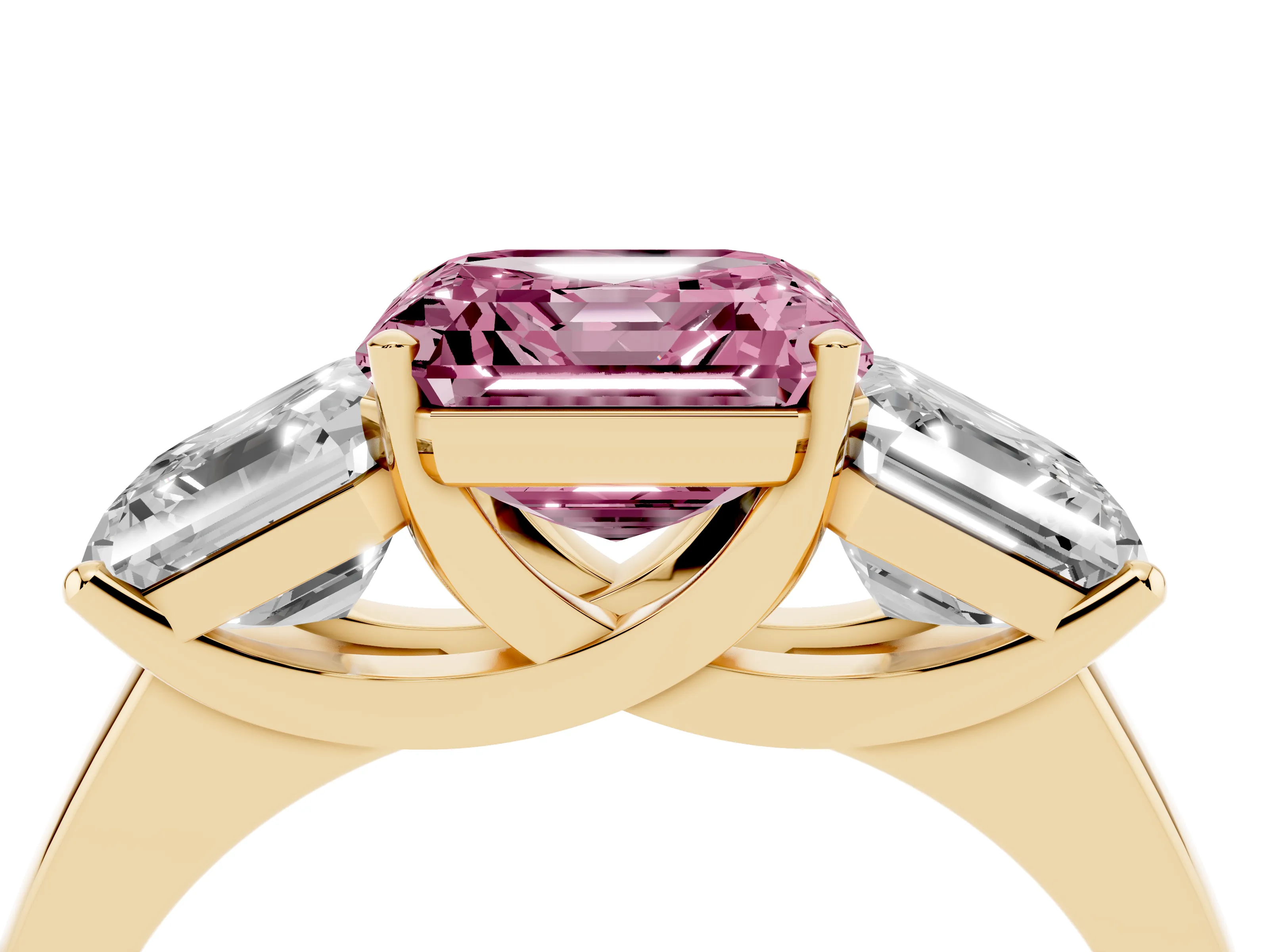 Fancy Pink Asscher Cut Diamond Three-Stone Ring Set in Yellow gold with Classic Prong Setting and Plain Band