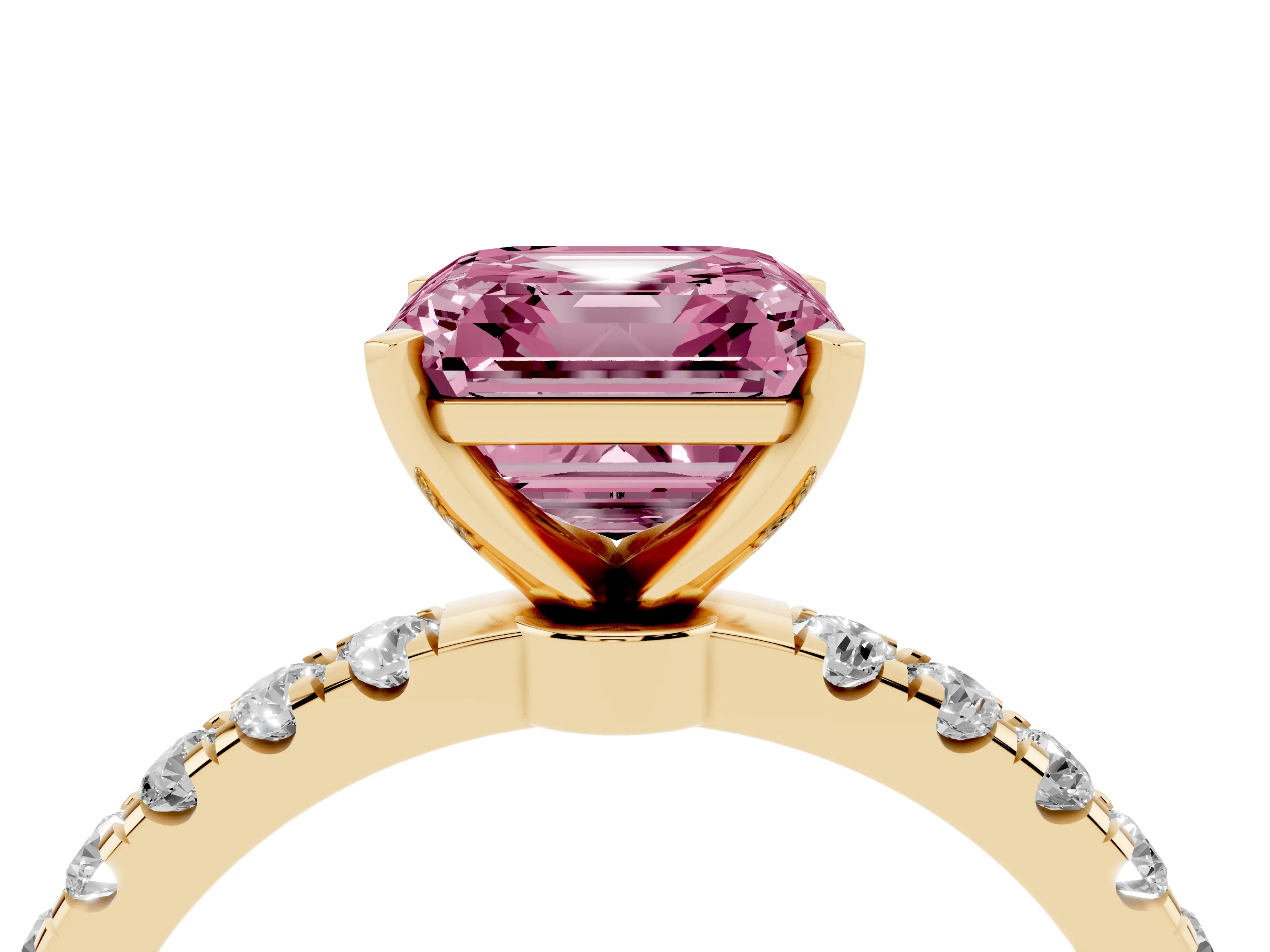 Fancy Pink Asscher Cut Diamond Solitaire Ring Set in Yellow gold with Pavé Accents and Prong Setting