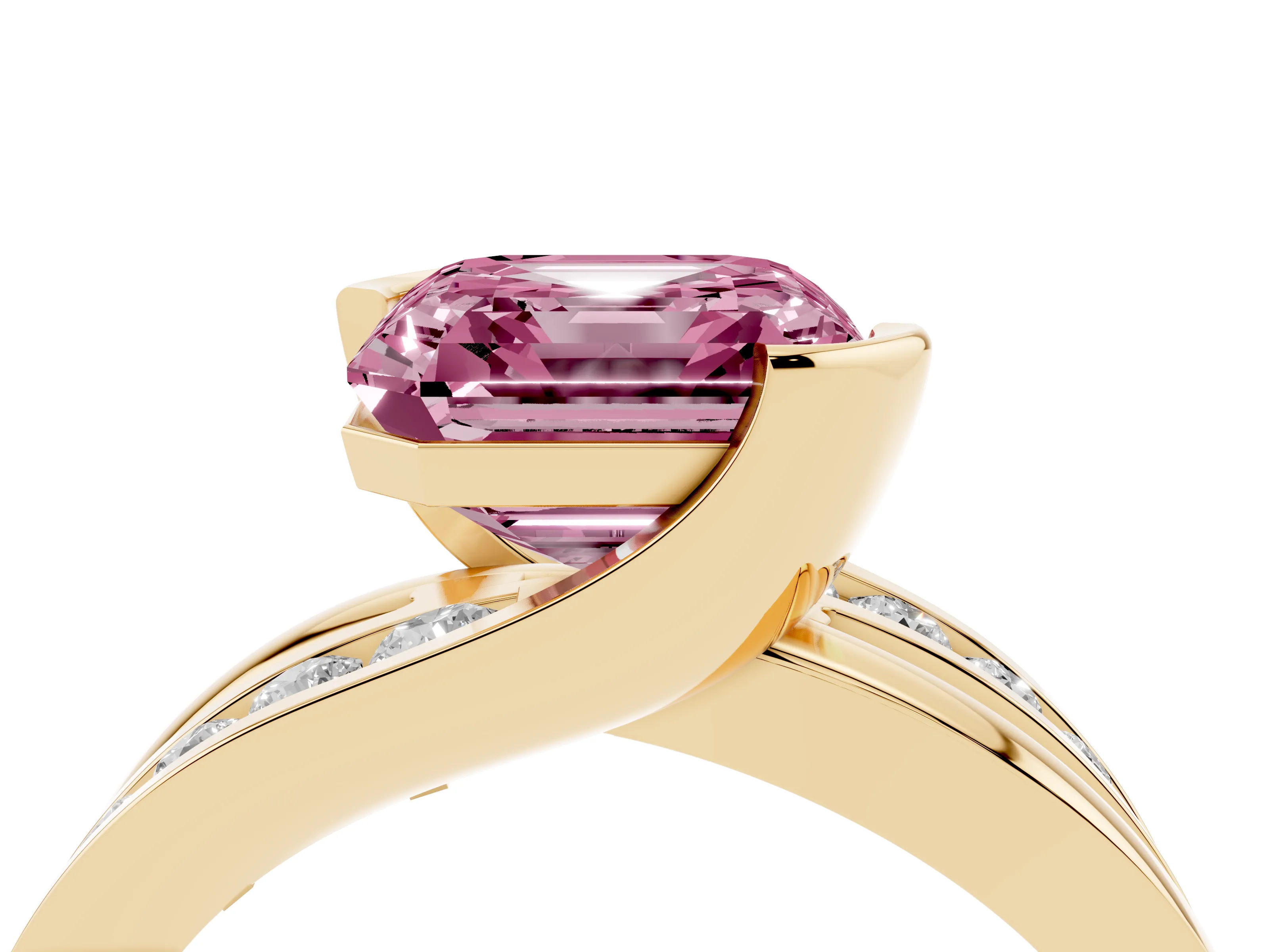 Fancy Pink Asscher Cut Diamond Solitaire Ring Set in Yellow gold with Channel Set Split Shank and Tension Prongs