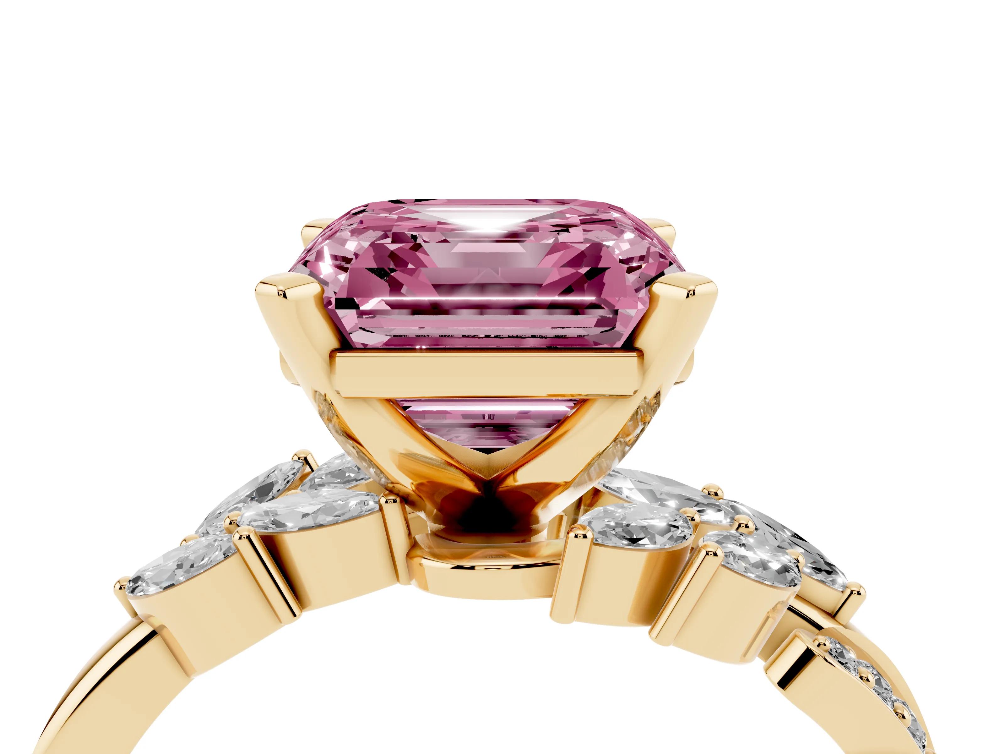 Fancy Pink Asscher Cut Diamond Solitaire Ring Set in Yellow gold with Marquise Twist Band and Prong Setting