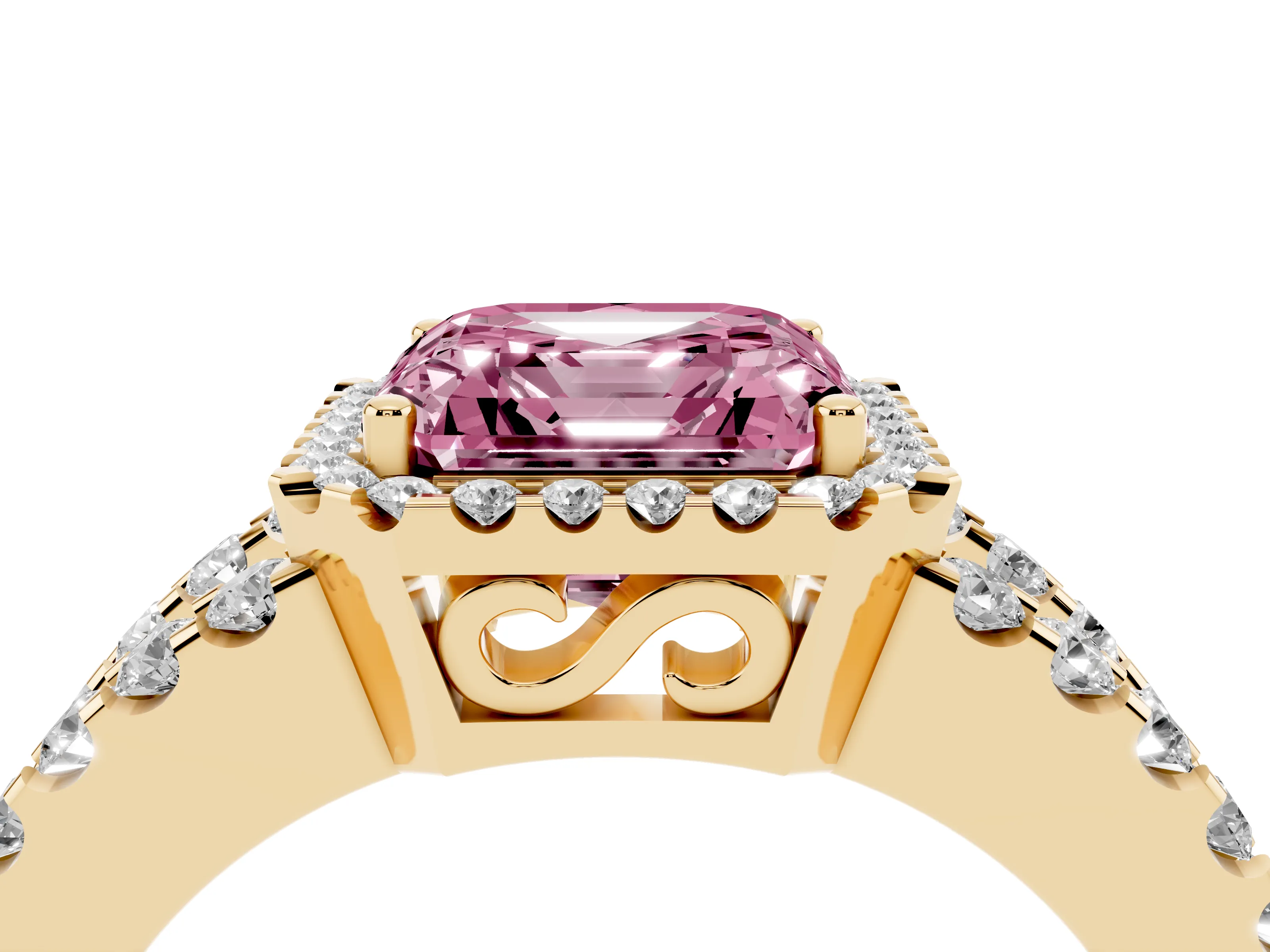 Fancy Pink Asscher Cut Diamond Halo Ring Set in Yellow gold with Pavé Split Shank and Prong Setting