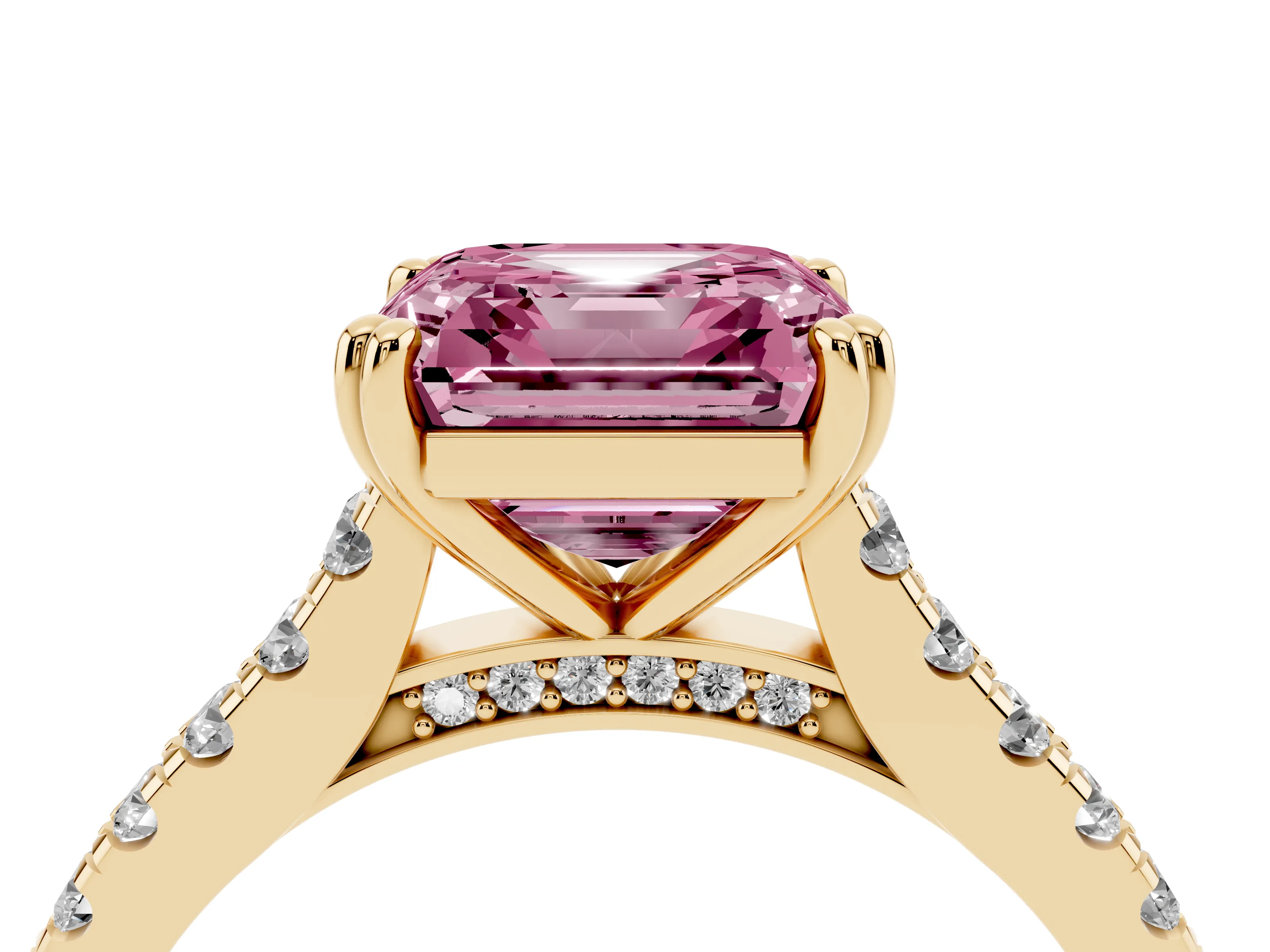 Fancy Pink Asscher Cut Diamond Solitaire Engagement Ring Set in Yellow gold with Pavé Accents and Prong Setting