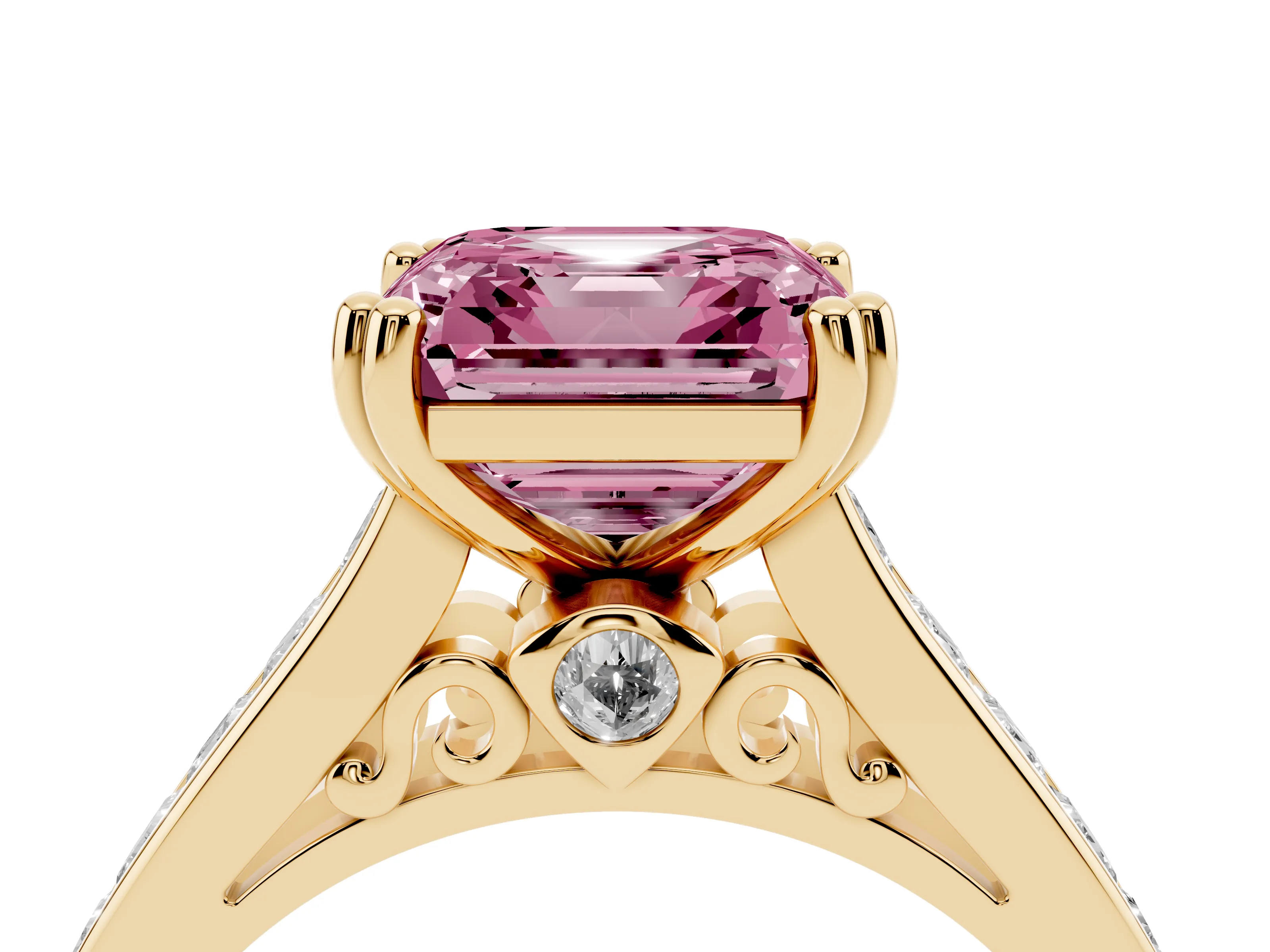 Fancy Pink Asscher Cut Diamond Channel Set Solitaire Engagement Ring Set in Yellow gold with Prong Setting