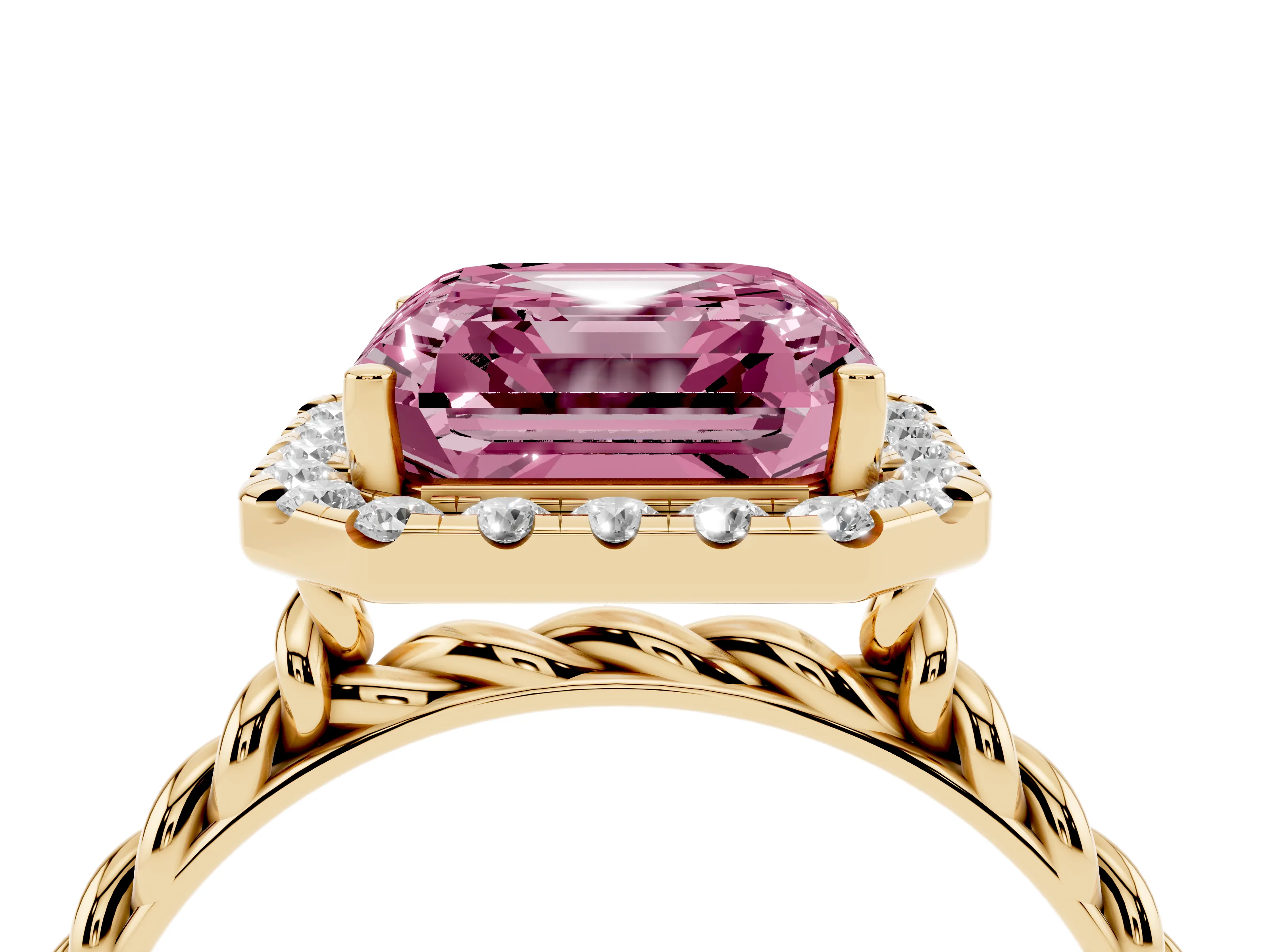Fancy Pink Asscher Cut Diamond Halo Ring Set in Yellow gold with Plain Twisted Band
