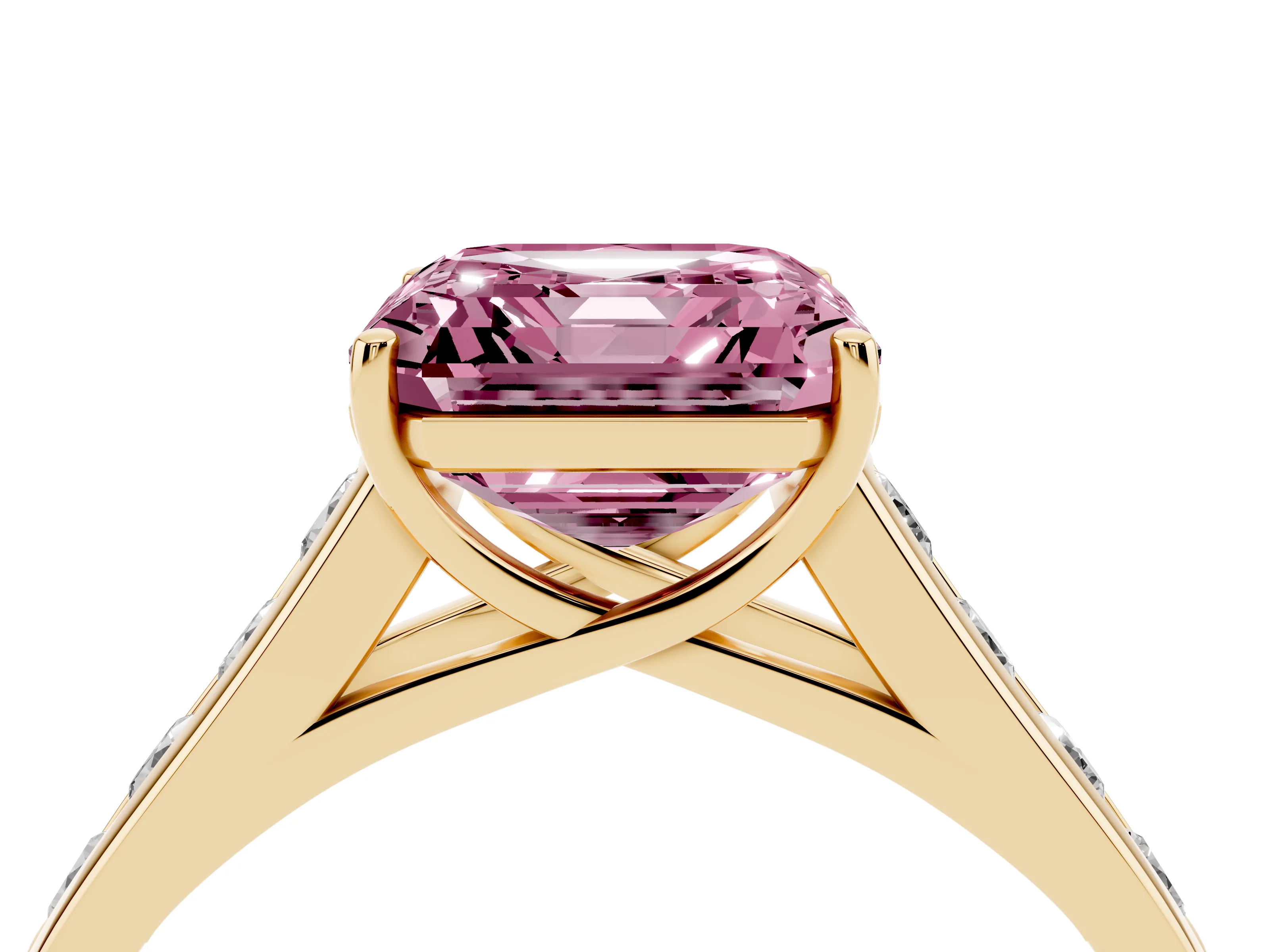 Fancy Pink Asscher Cut Diamond Brilliant Channel-Set Solitaire Ring Set in Yellow gold with Prong Setting