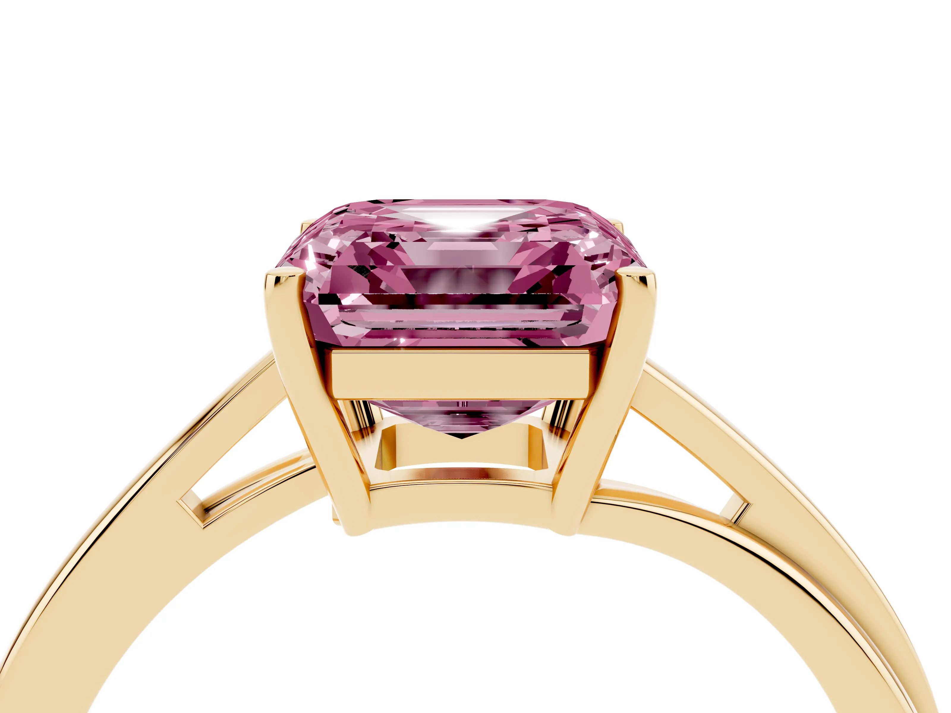Fancy Pink Asscher Cut Diamond Solitaire Twist Band Ring Set in Yellow gold with Prong Setting