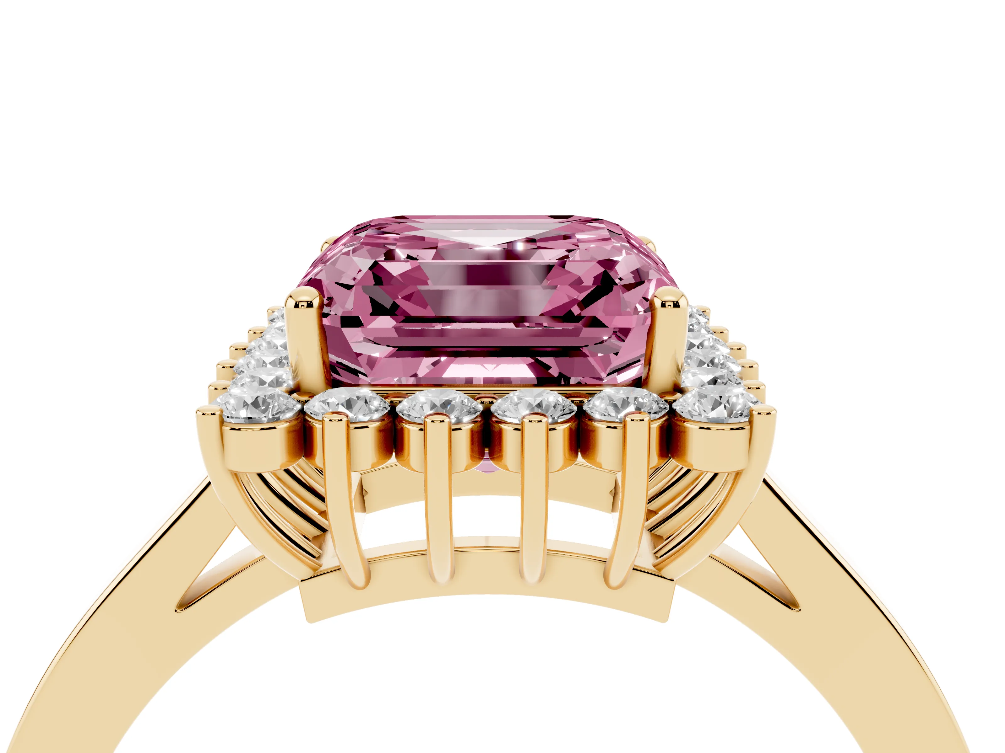 Fancy Pink Asscher Cut Diamond Halo Ring Set in Yellow gold with Round Halo and Smooth Solitaire Band