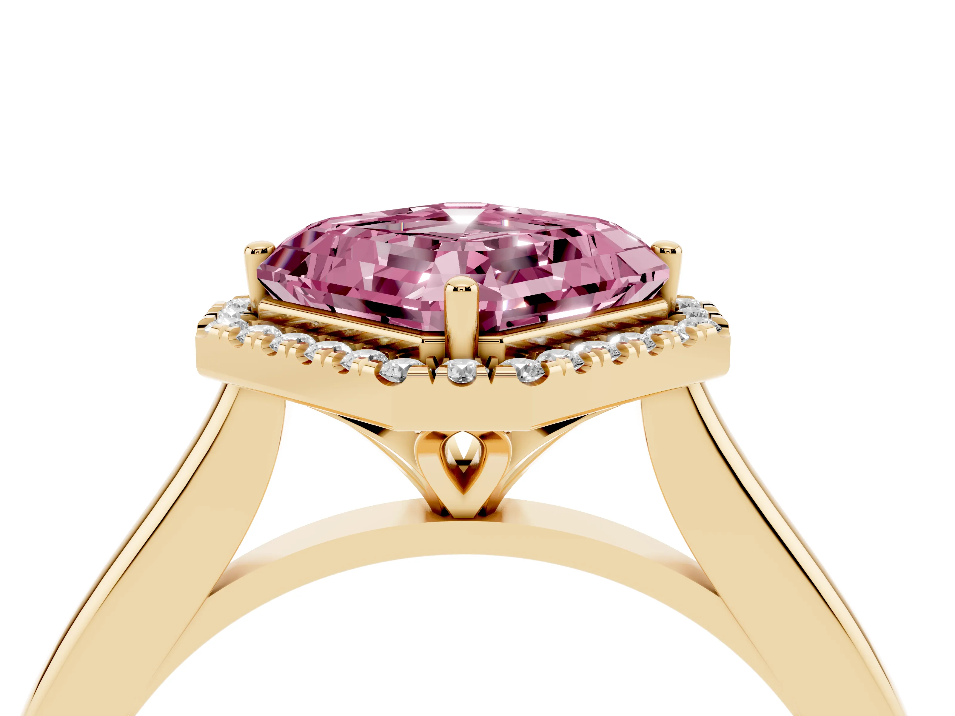 Fancy Pink Asscher Cut Diamond Halo Engagement Ring Set in Yellow gold with Pavé Band and Rising Shoulders