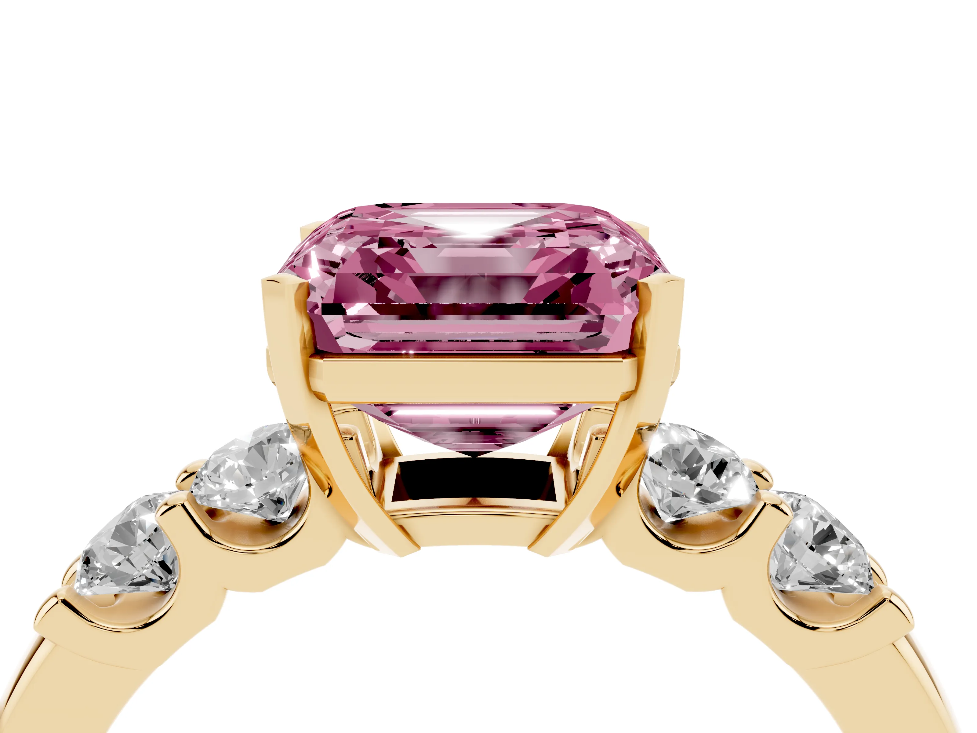 Fancy Pink Asscher Cut Diamond Five-Stone Prong Set Engagement Ring Set in Yellow gold with Channel Band