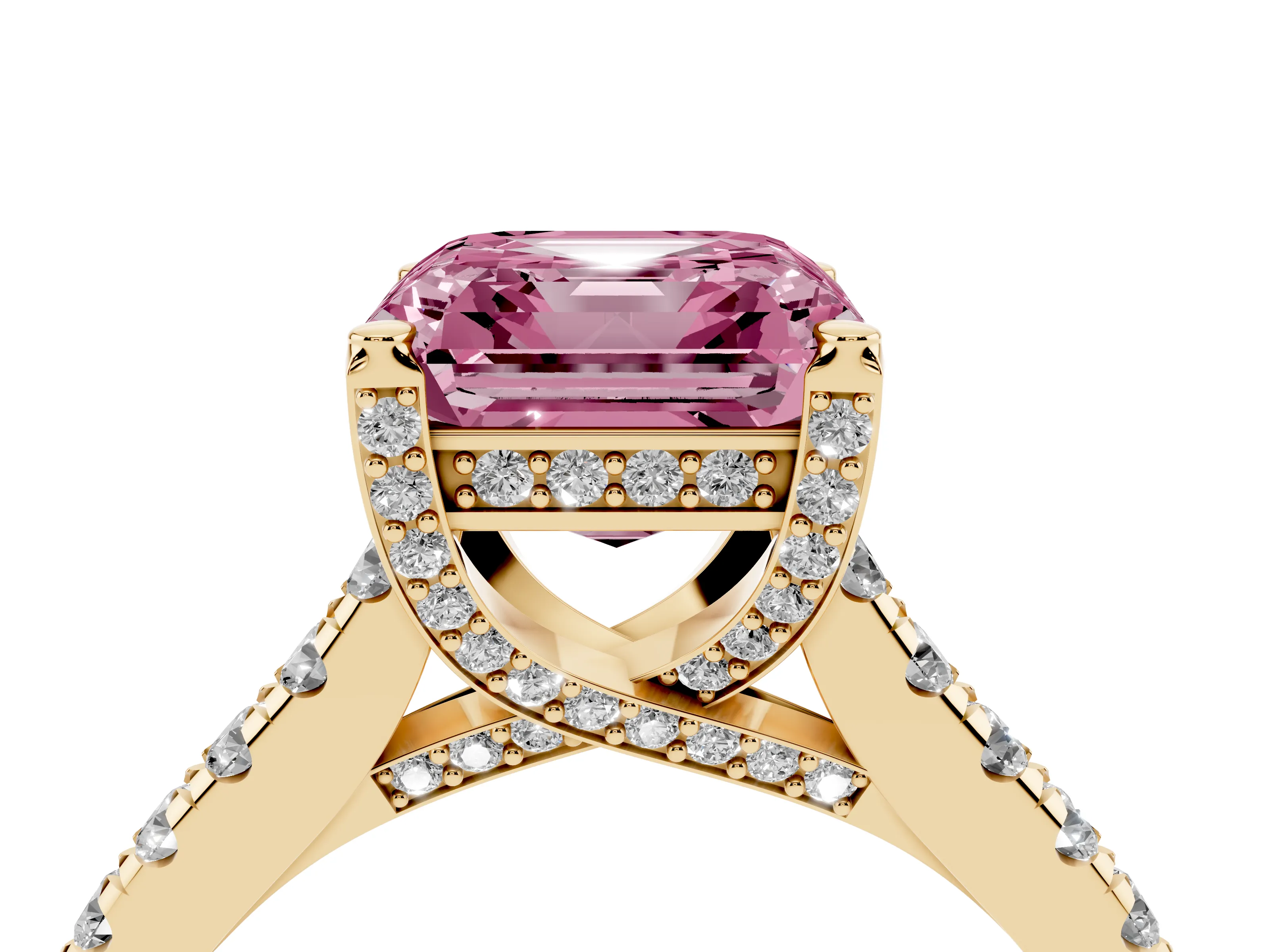 Fancy Pink Asscher Cut Diamond Solitaire Ring Set in Yellow gold with Brilliant Pavé Band and Prong Setting