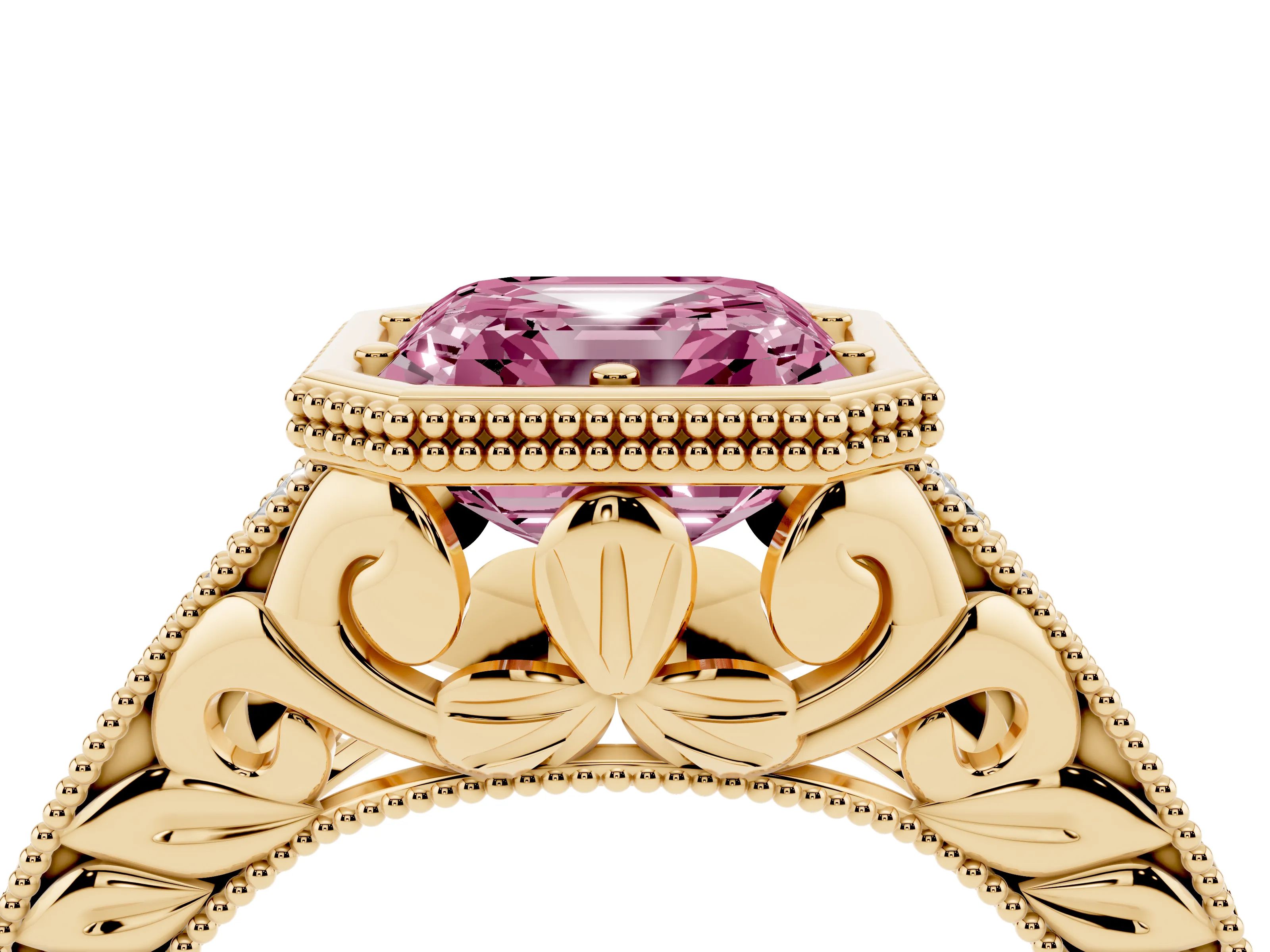 Fancy Pink Bezel Set Asscher Cut Diamond Milgrain Pavé Engagement Ring Set in Yellow gold