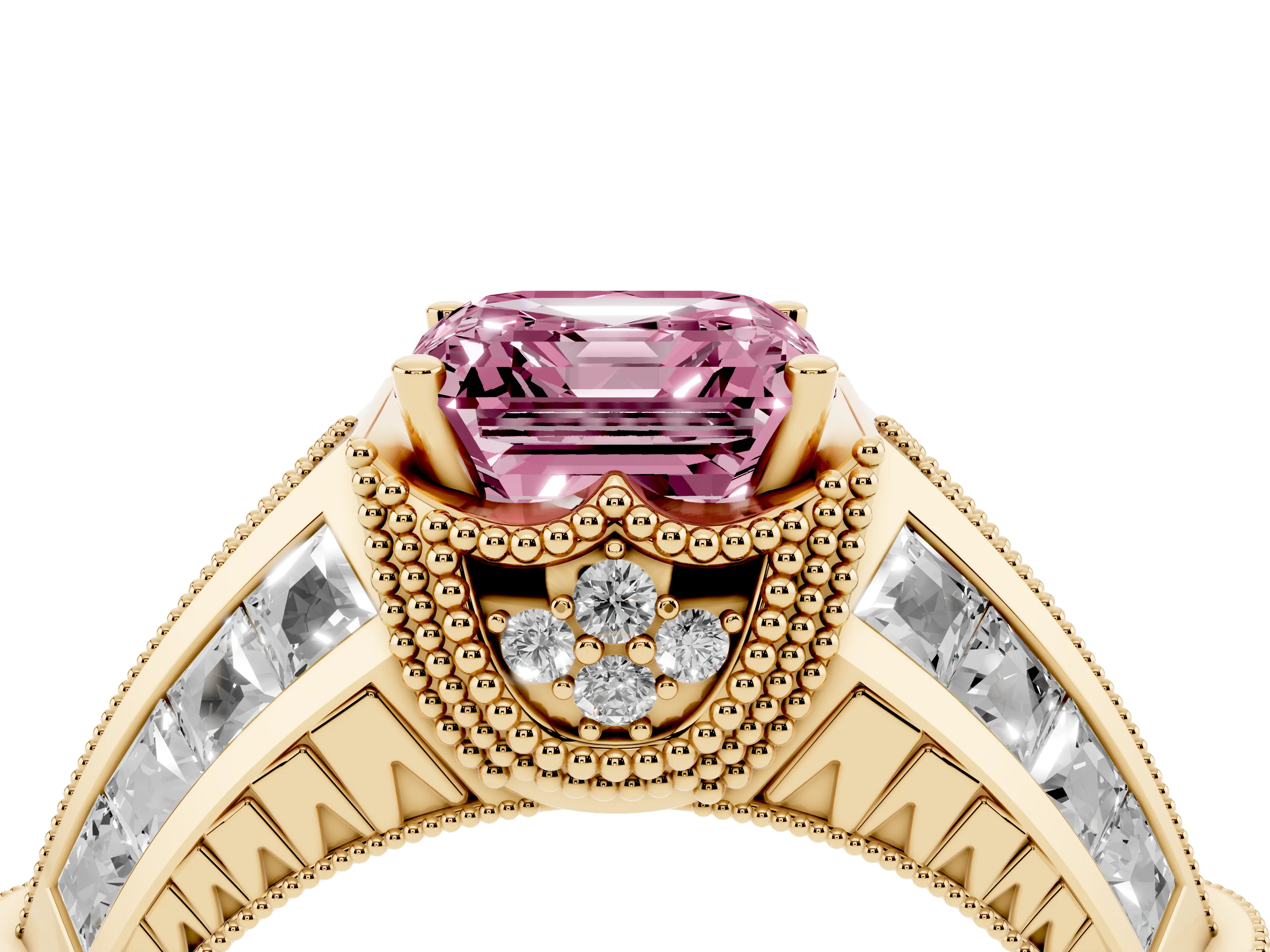 Fancy Pink Asscher Cut Diamond Vintage-Inspired Milgrain Ring Set in Yellow gold with Accent Split Shank